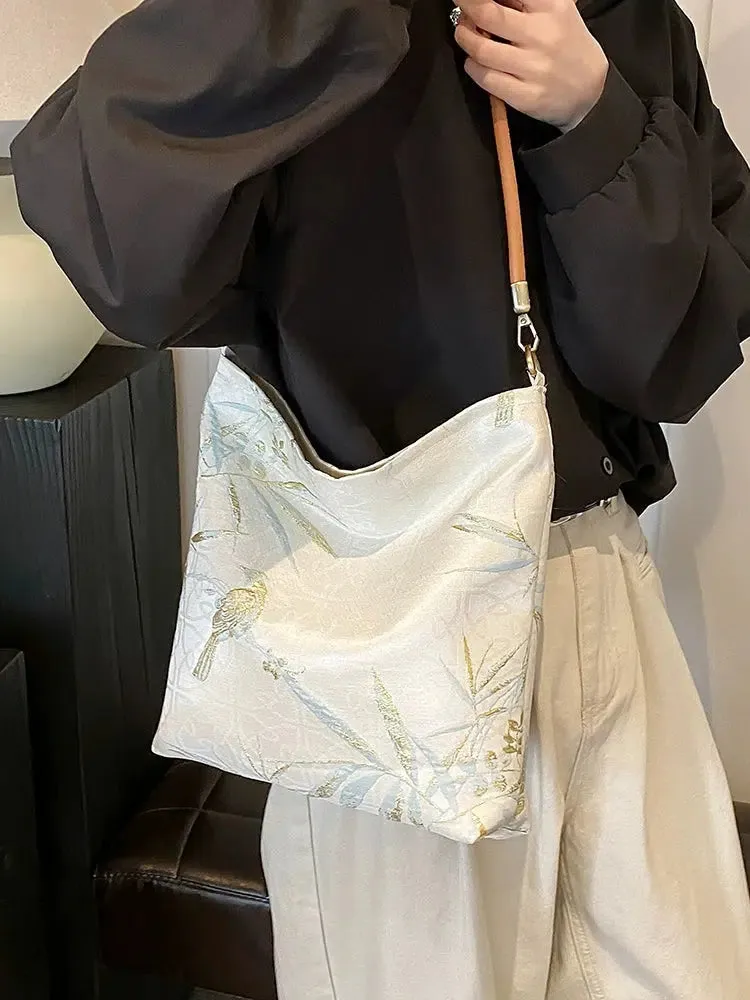 Embossed Fabric Leather Strap Bag