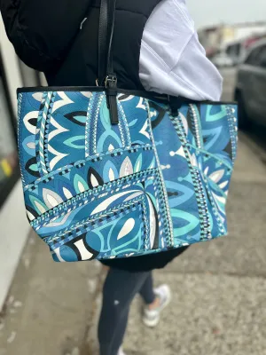Emilio Pucci Blue Printed Leather TrimCoated Canvas Tote Bag