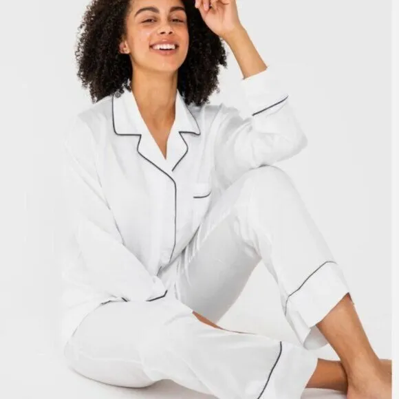 Ettitude Short Sleeve Pajama Top in Fog &amp; A pair Of Pajama Pants White S New