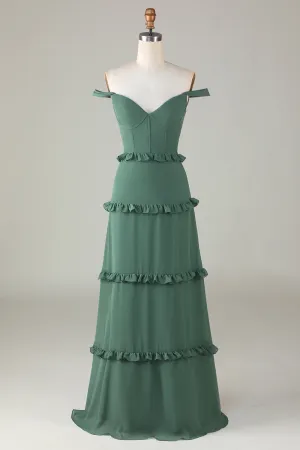 Eucalyptus Off the Shoulder Corset Long Bridesmaid Dress