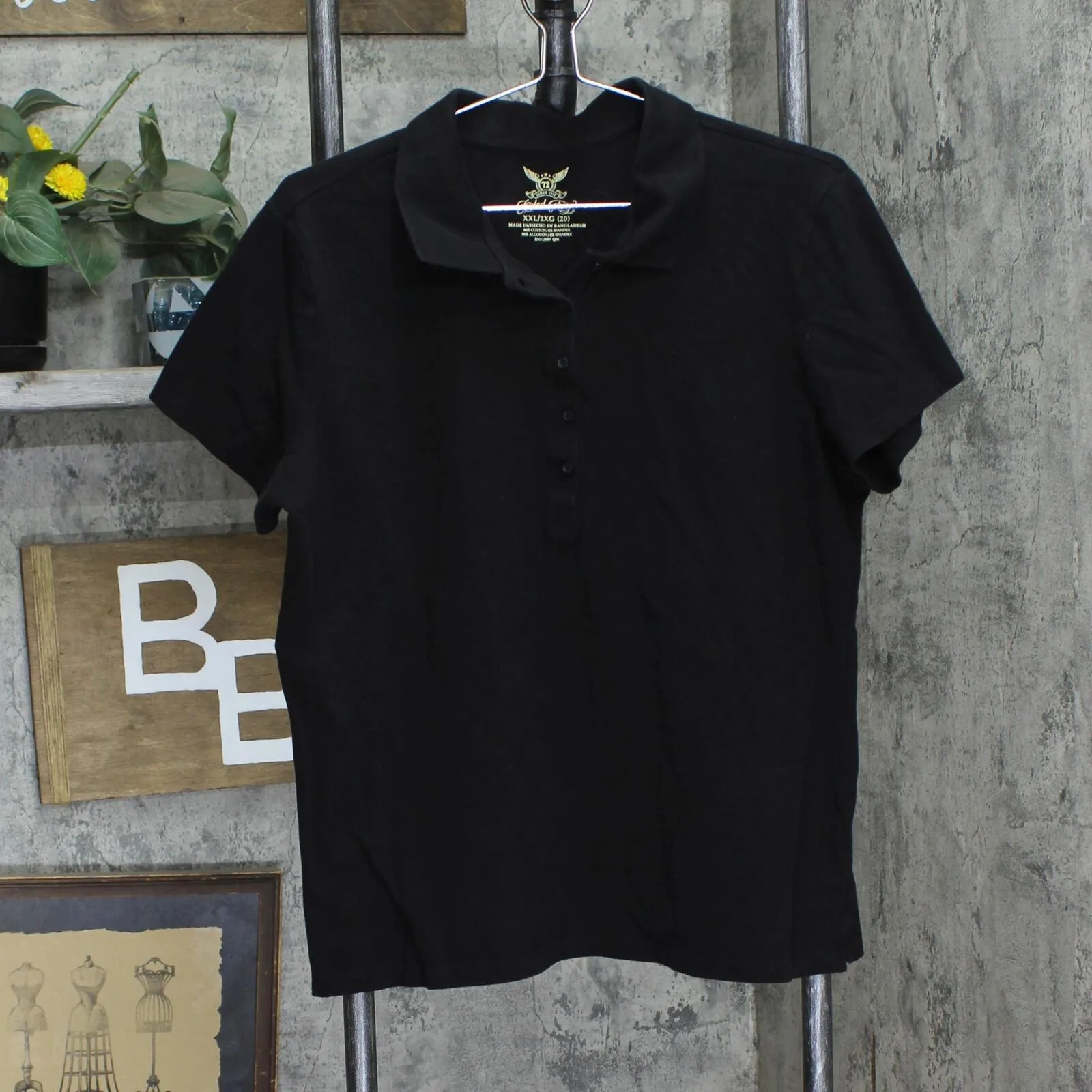 Faded Glory Womens Short Sleeve Stretch Pique Polo Shirt Black 2XL