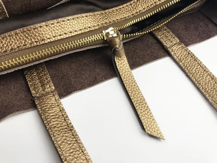 Fashion Womens Bronze Silver Leather Vertical Tote Bags Bronze Silver Shoulder Tote Bag Handbag Tote For Women