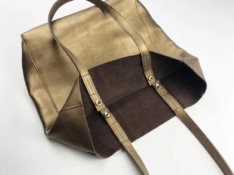 Fashion Womens Bronze Silver Leather Vertical Tote Bags Bronze Silver Shoulder Tote Bag Handbag Tote For Women
