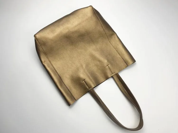 Fashion Womens Bronze Silver Leather Vertical Tote Bags Bronze Silver Shoulder Tote Bag Handbag Tote For Women