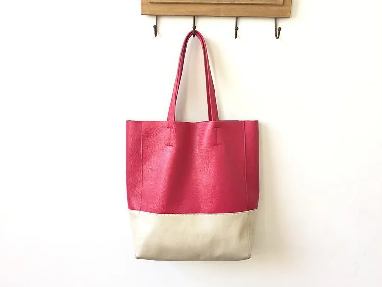 Fashion Womens Rose Red White Leather Vertical Tote Bags Rose Red White Shoulder Tote Bag Handbag Tote For Women