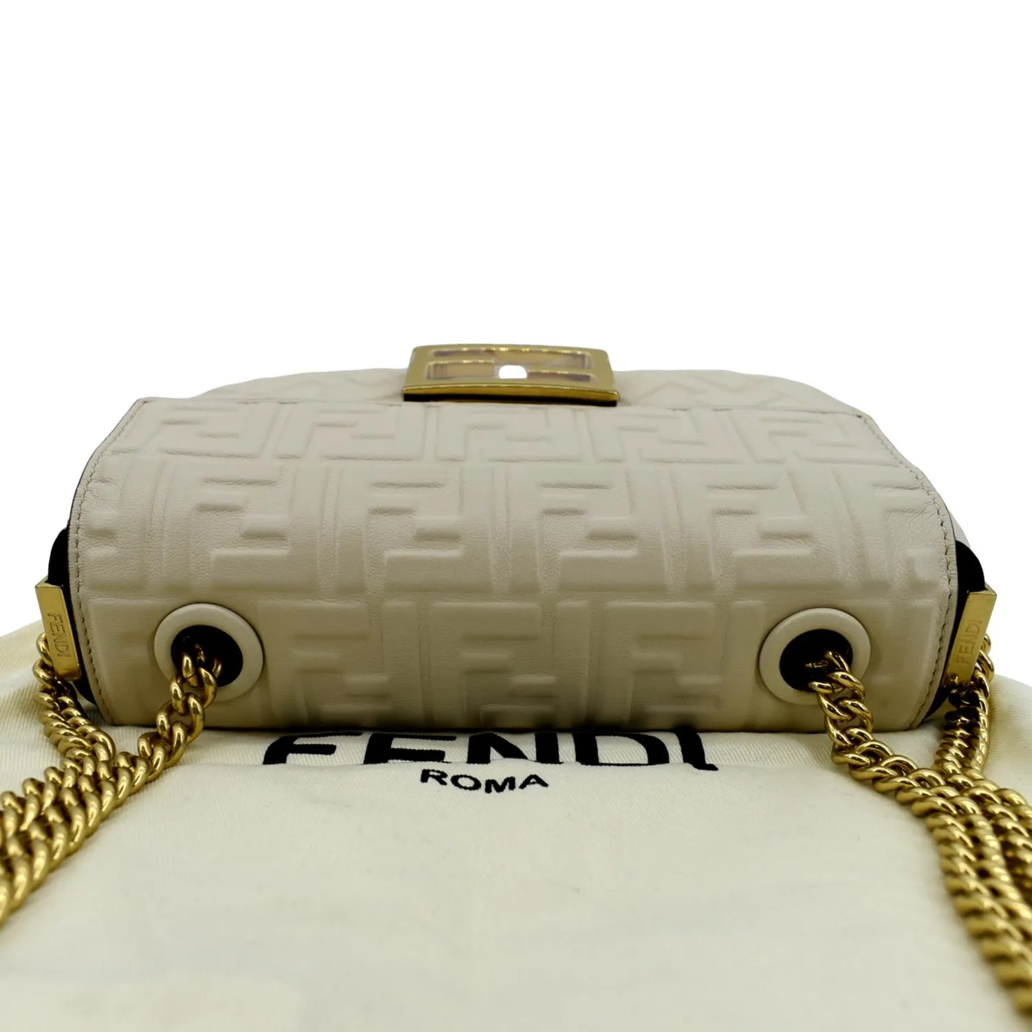 FENDI Baguette Leather Chain Shoulder Bag Light Beige