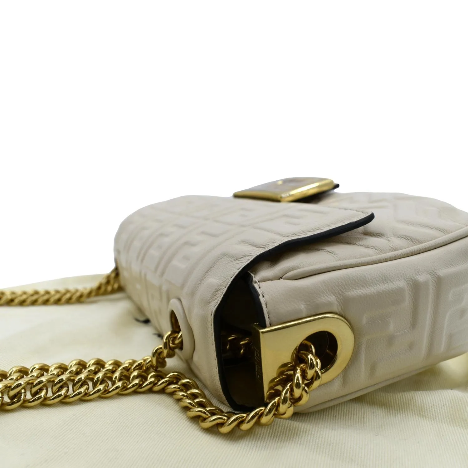 FENDI Baguette Leather Chain Shoulder Bag Light Beige