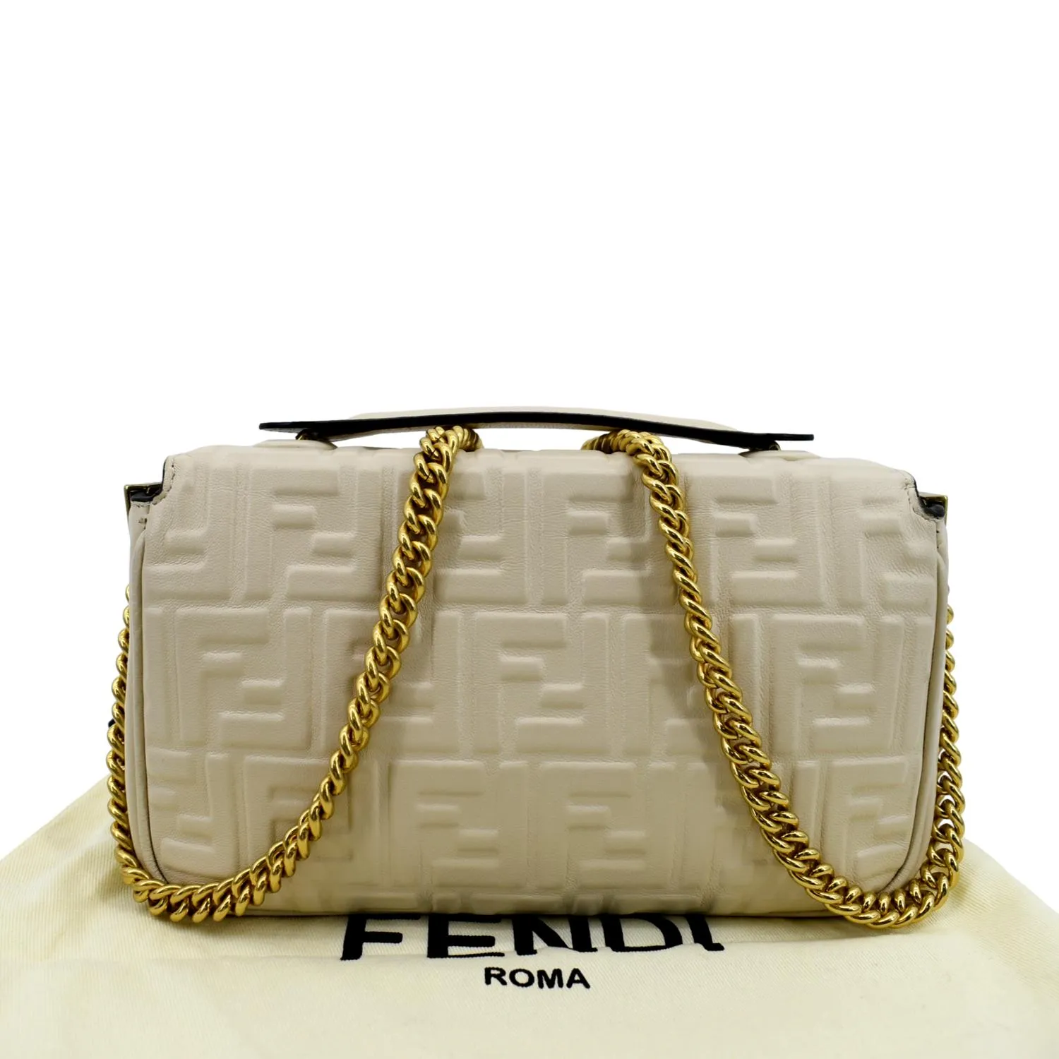 FENDI Baguette Leather Chain Shoulder Bag Light Beige