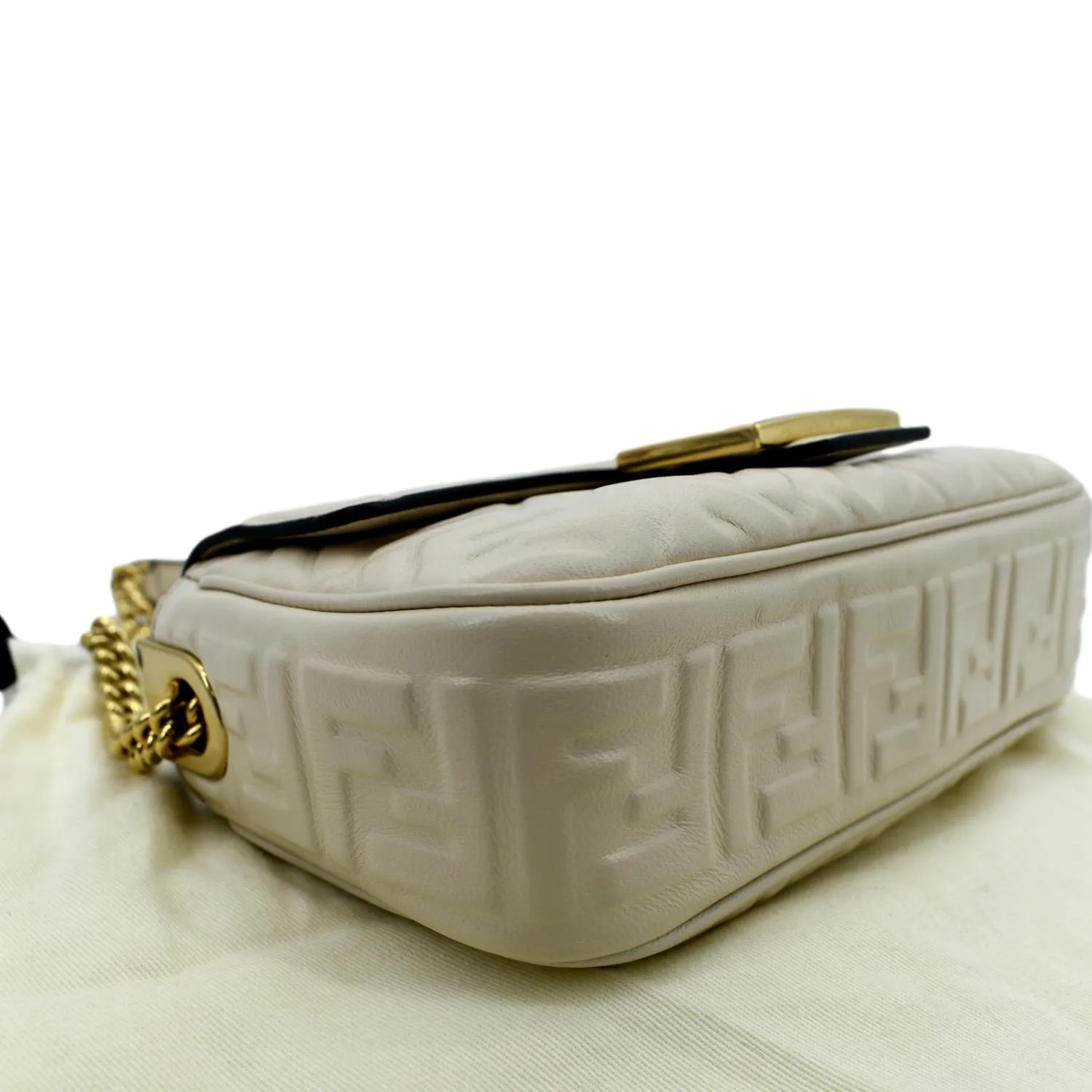 FENDI Baguette Leather Chain Shoulder Bag Light Beige