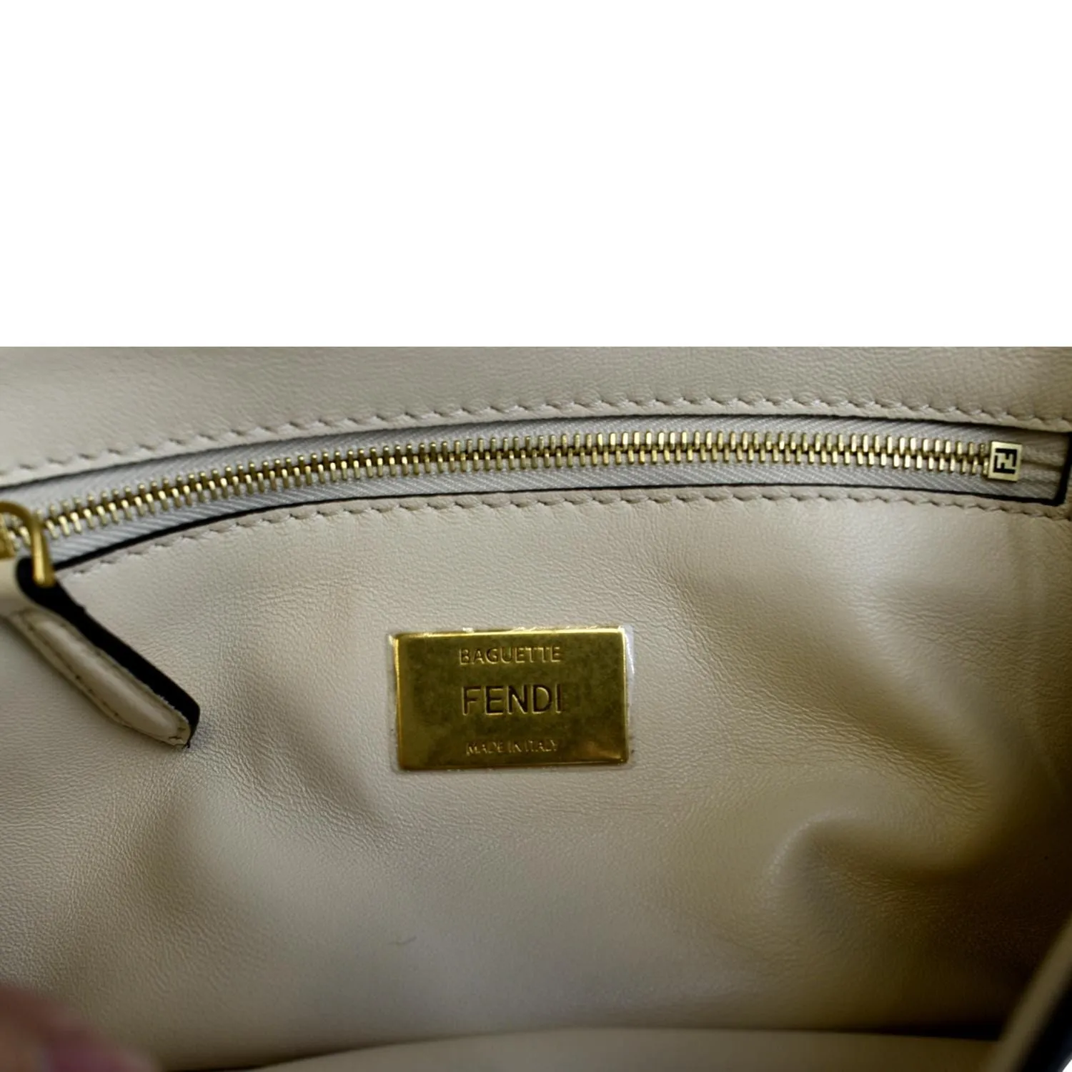 FENDI Baguette Leather Chain Shoulder Bag Light Beige