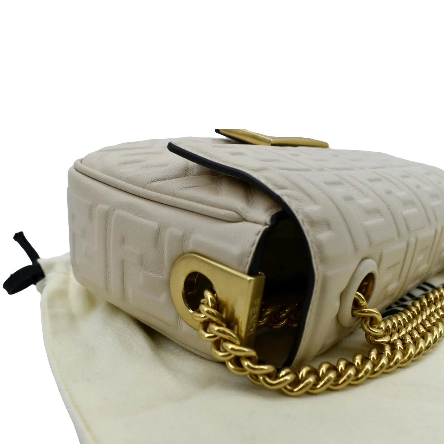 FENDI Baguette Leather Chain Shoulder Bag Light Beige