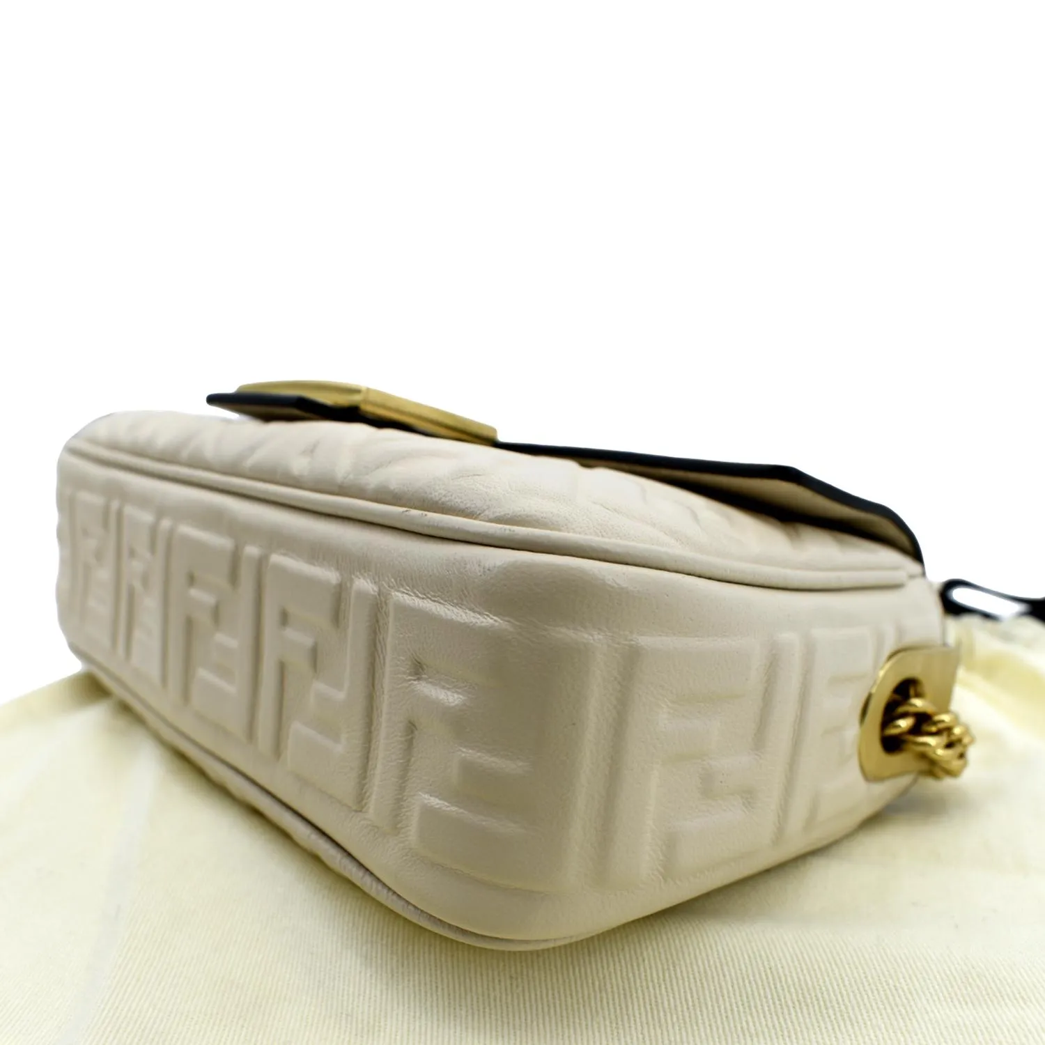 FENDI Baguette Leather Chain Shoulder Bag Light Beige