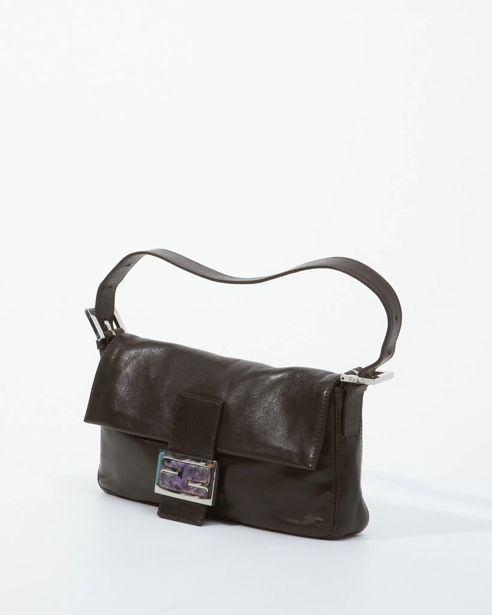 Fendi Brown Leather Stone Baguette Shoulder Bag