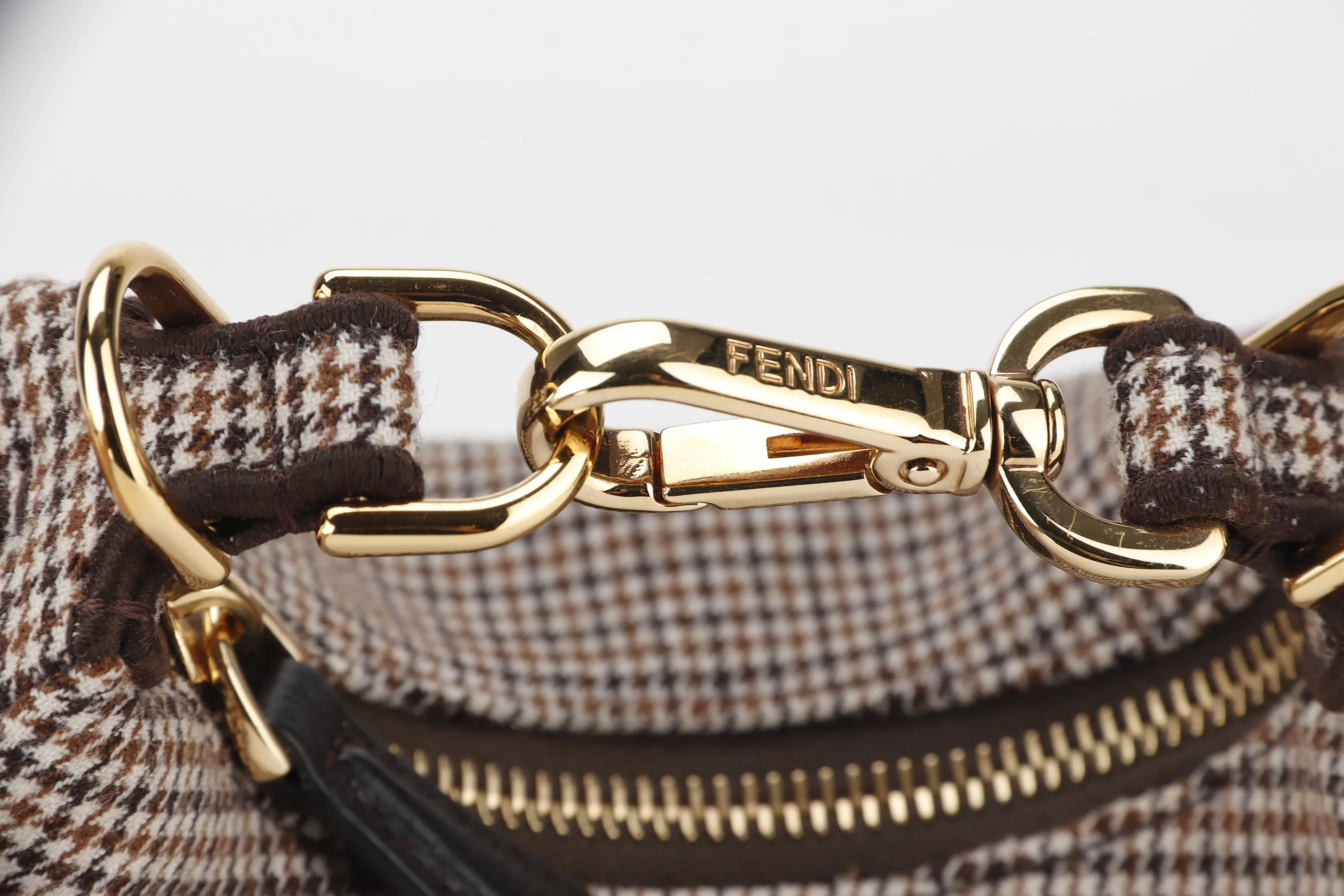 FENDI FENDIGRAPHY NANO (7AS089 AL9Z P·0189) BEIGE WOOL HOUNDSTOOTH MOTIF GOLD HARDWARE, WITH DUST COVER