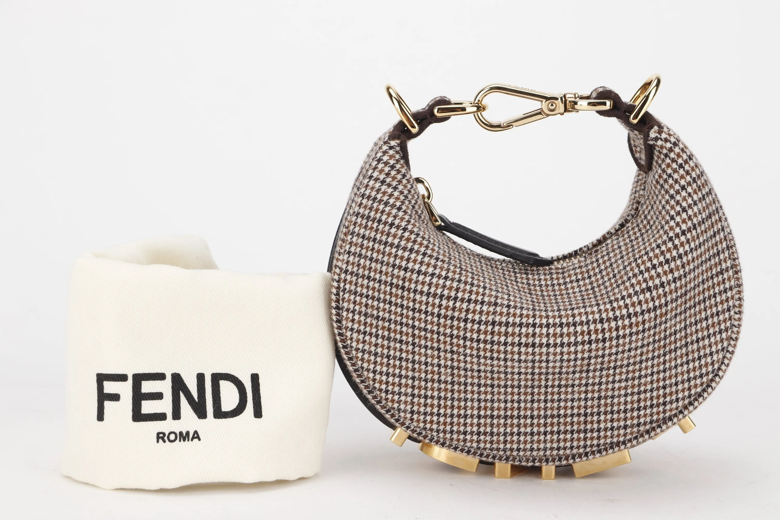 FENDI FENDIGRAPHY NANO (7AS089 AL9Z P·0189) BEIGE WOOL HOUNDSTOOTH MOTIF GOLD HARDWARE, WITH DUST COVER