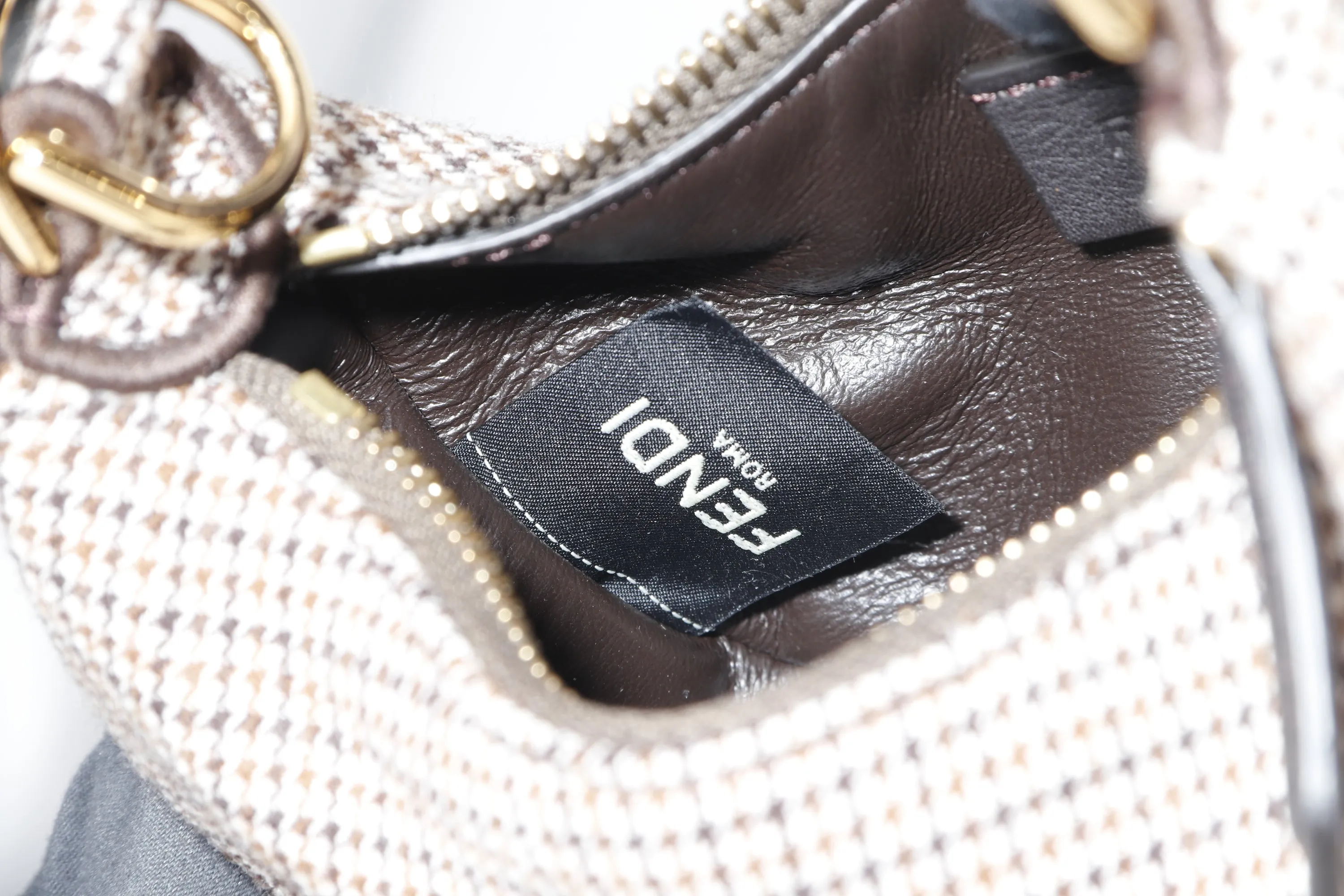 FENDI FENDIGRAPHY NANO (7AS089 AL9Z P·0189) BEIGE WOOL HOUNDSTOOTH MOTIF GOLD HARDWARE, WITH DUST COVER
