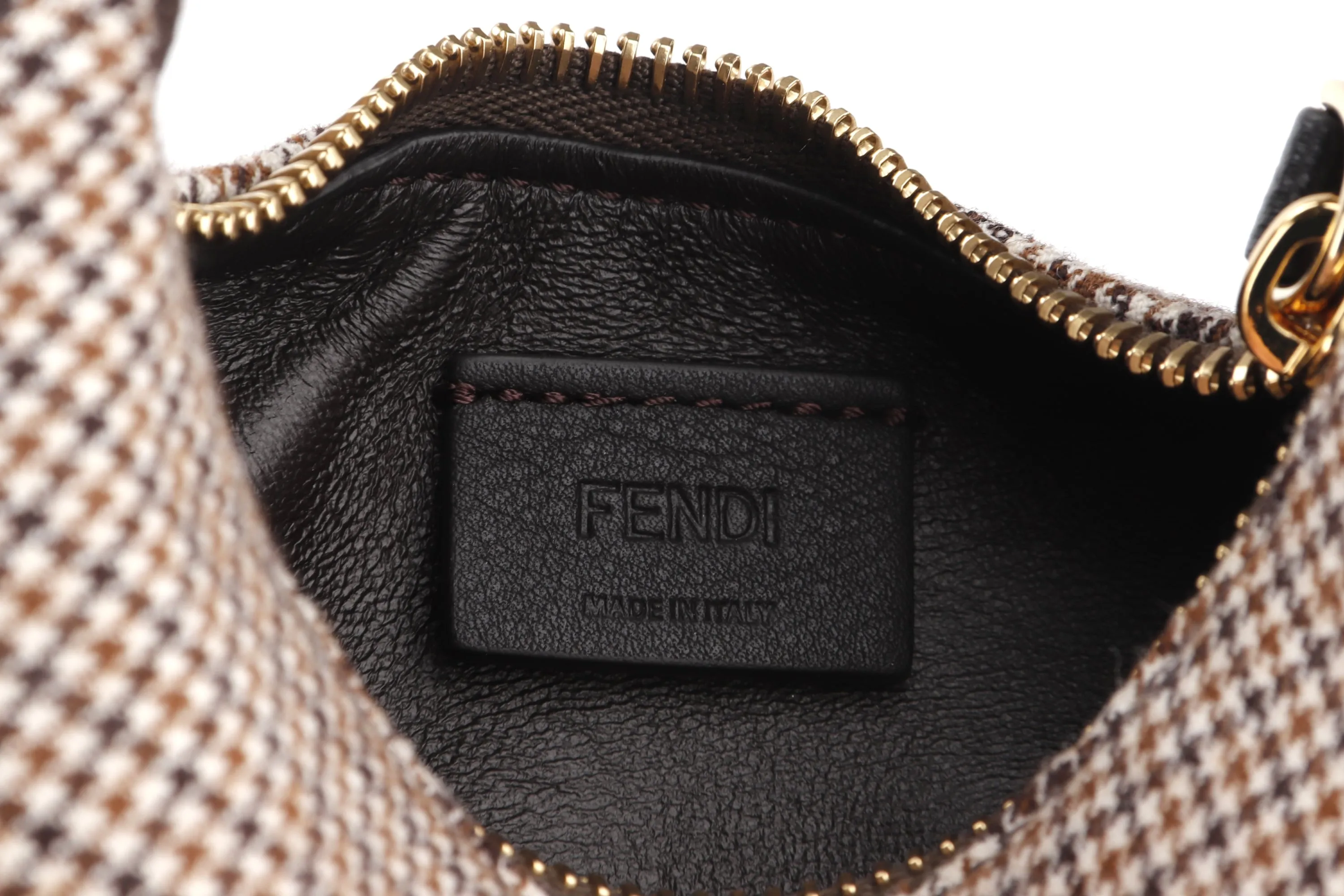 FENDI FENDIGRAPHY NANO (7AS089 AL9Z P·0189) BEIGE WOOL HOUNDSTOOTH MOTIF GOLD HARDWARE, WITH DUST COVER