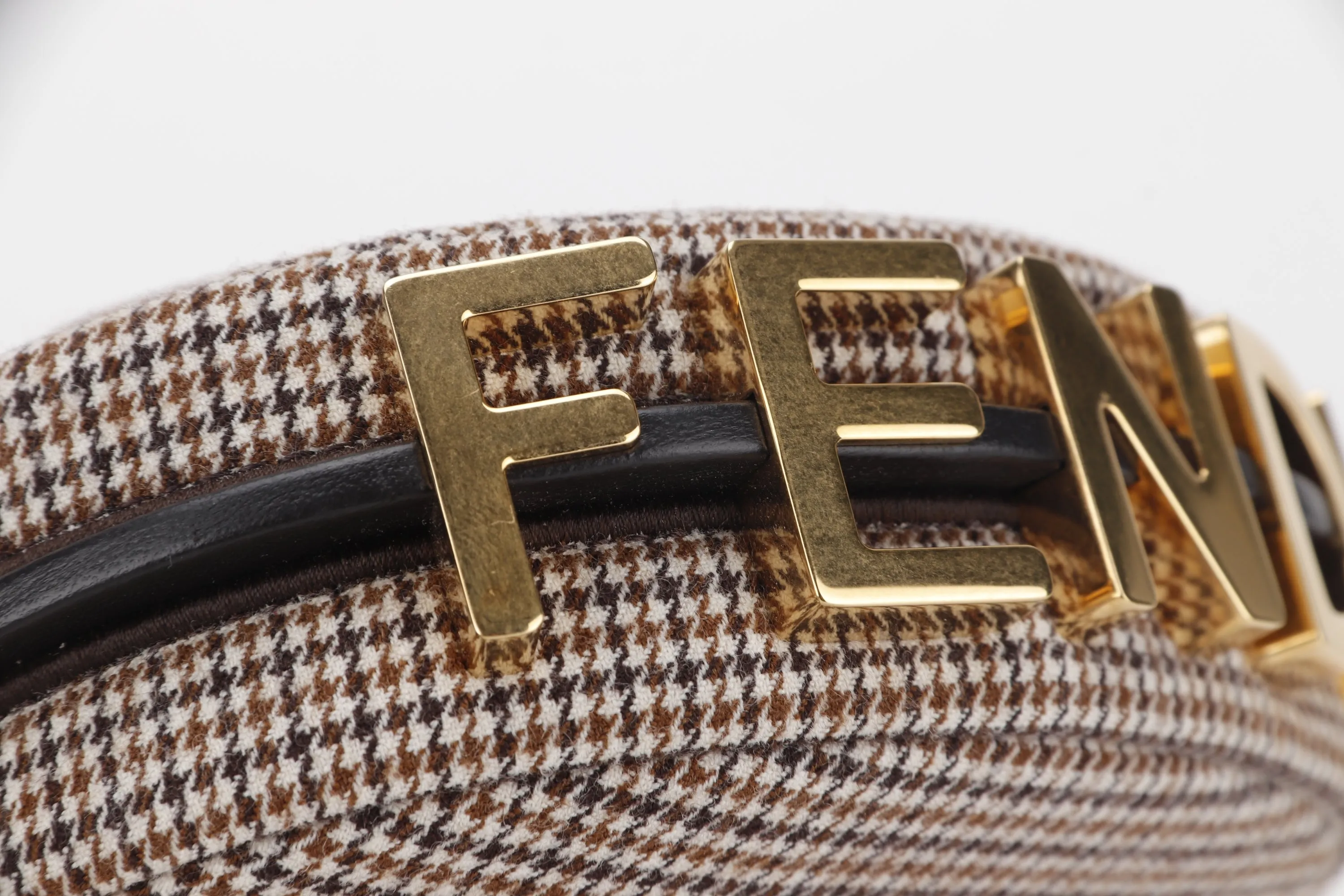 FENDI FENDIGRAPHY NANO (7AS089 AL9Z P·0189) BEIGE WOOL HOUNDSTOOTH MOTIF GOLD HARDWARE, WITH DUST COVER