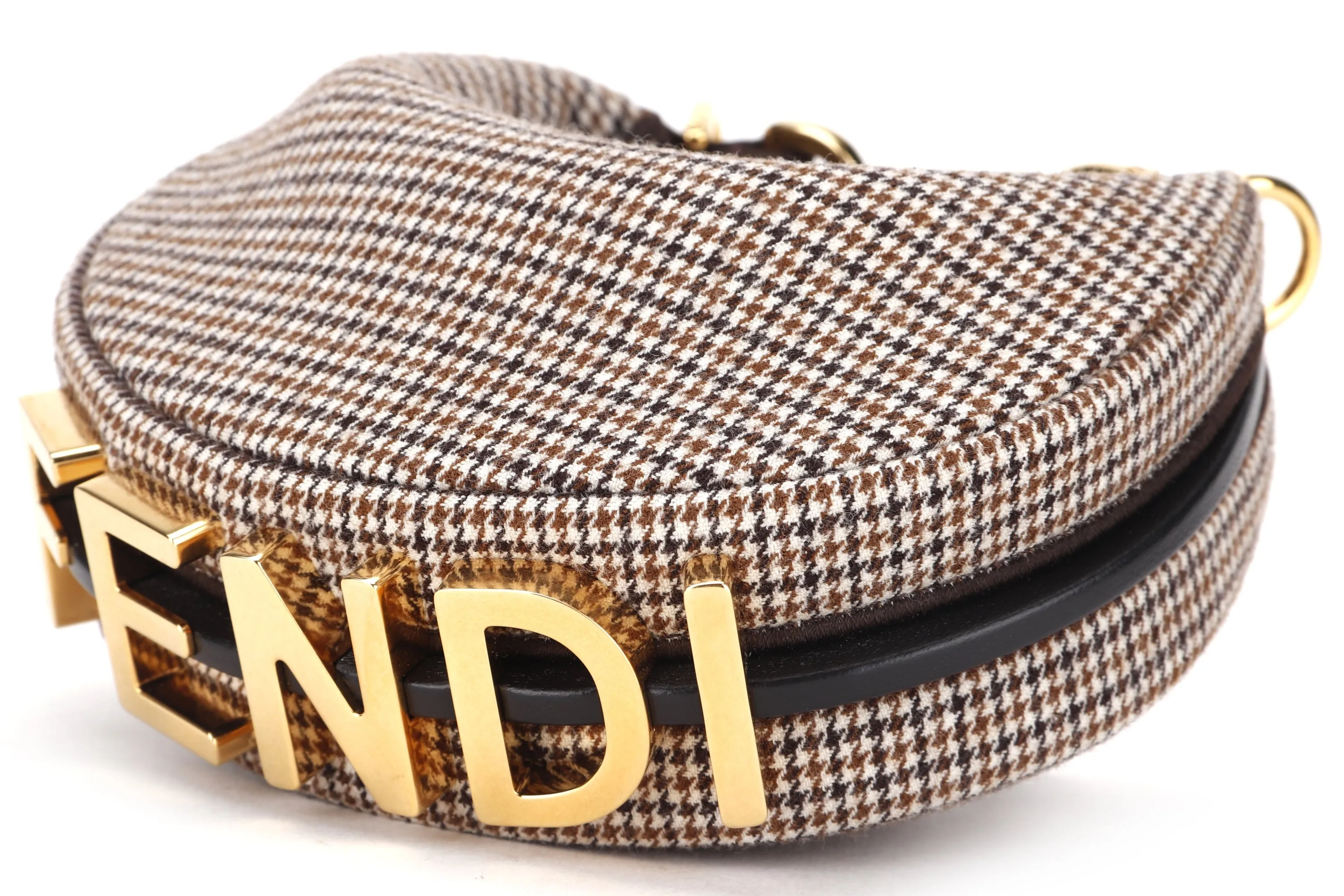 FENDI FENDIGRAPHY NANO (7AS089 AL9Z P·0189) BEIGE WOOL HOUNDSTOOTH MOTIF GOLD HARDWARE, WITH DUST COVER