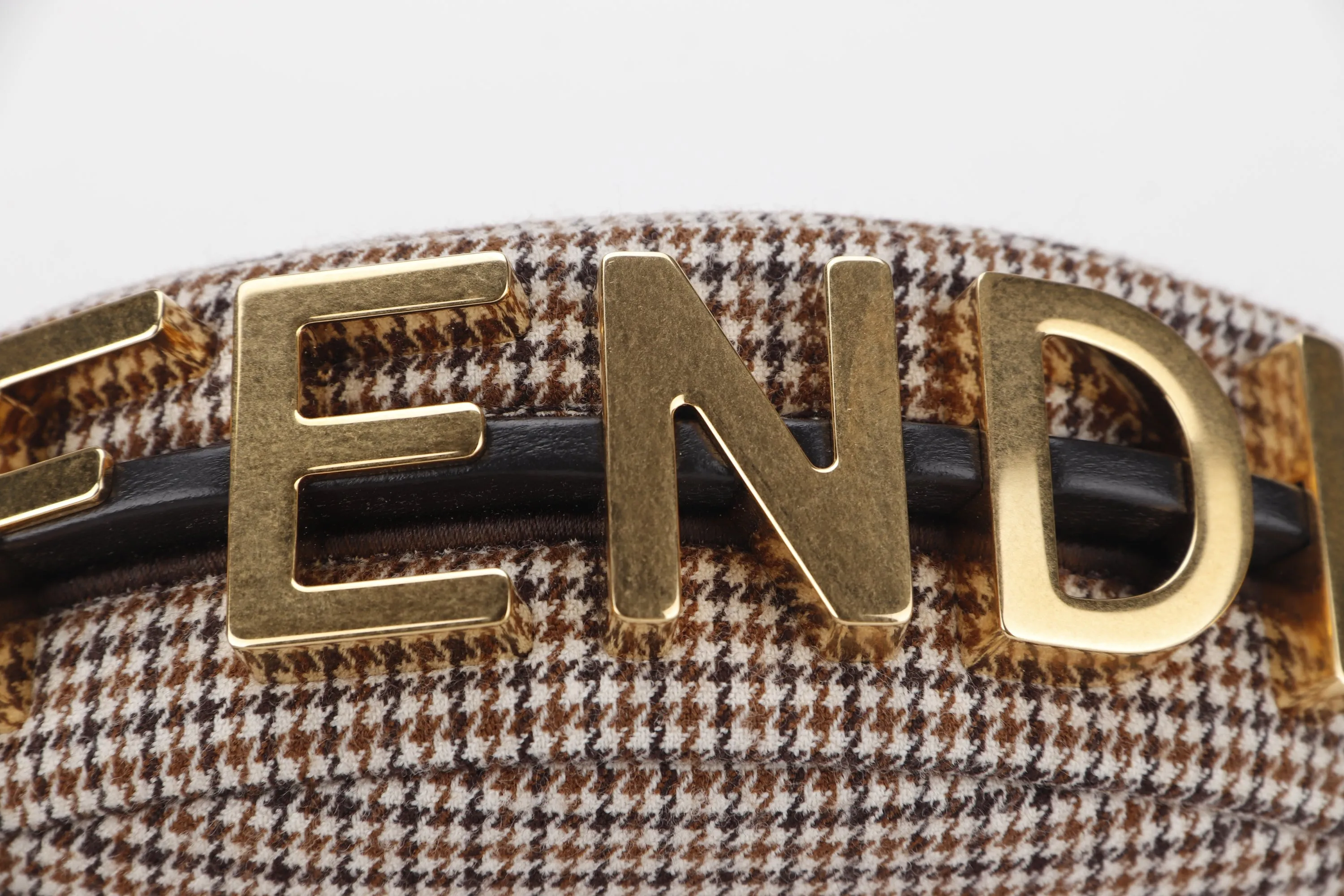 FENDI FENDIGRAPHY NANO (7AS089 AL9Z P·0189) BEIGE WOOL HOUNDSTOOTH MOTIF GOLD HARDWARE, WITH DUST COVER