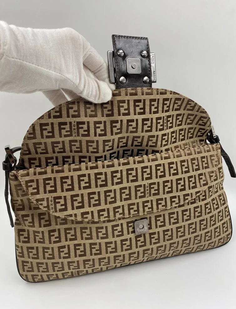 Fendi Vintage Zucchino Double Flap Bag in Classic Zucchino Beige Brown Canvas