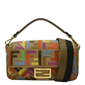 FENDI Vitello King FF Embroidered Baguette Canvas Shoulder Bag Cuoio