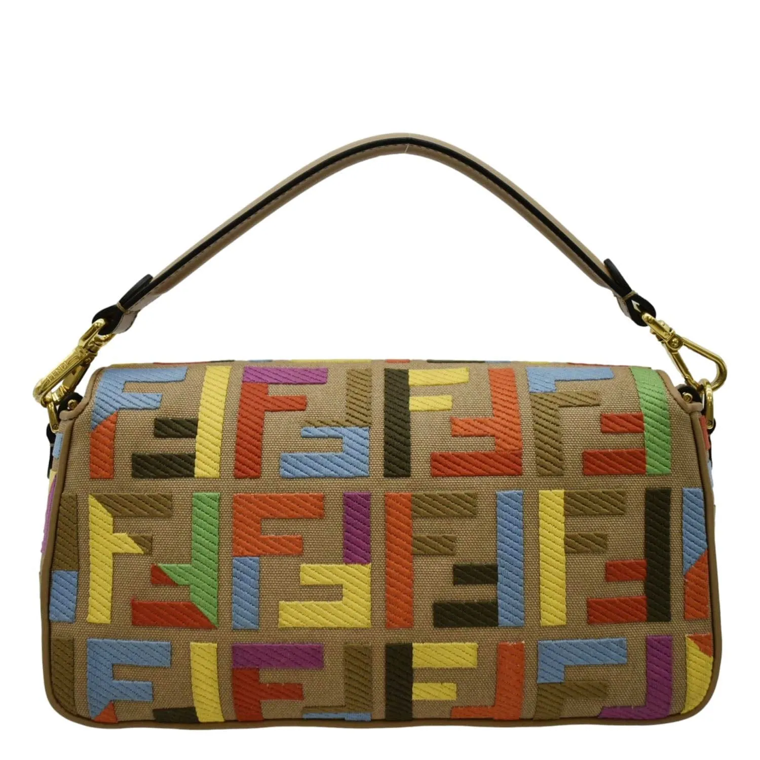 FENDI Vitello King FF Embroidered Baguette Canvas Shoulder Bag Cuoio
