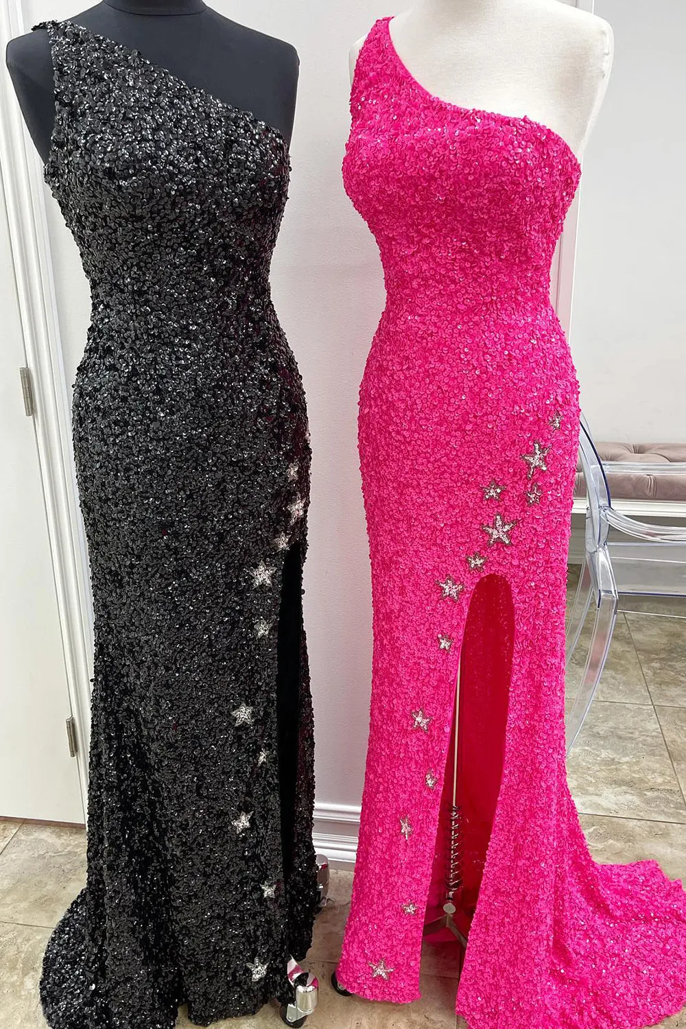 Fuchsia Stars Sequined Prom Dress Sheath/Column Evening Dress