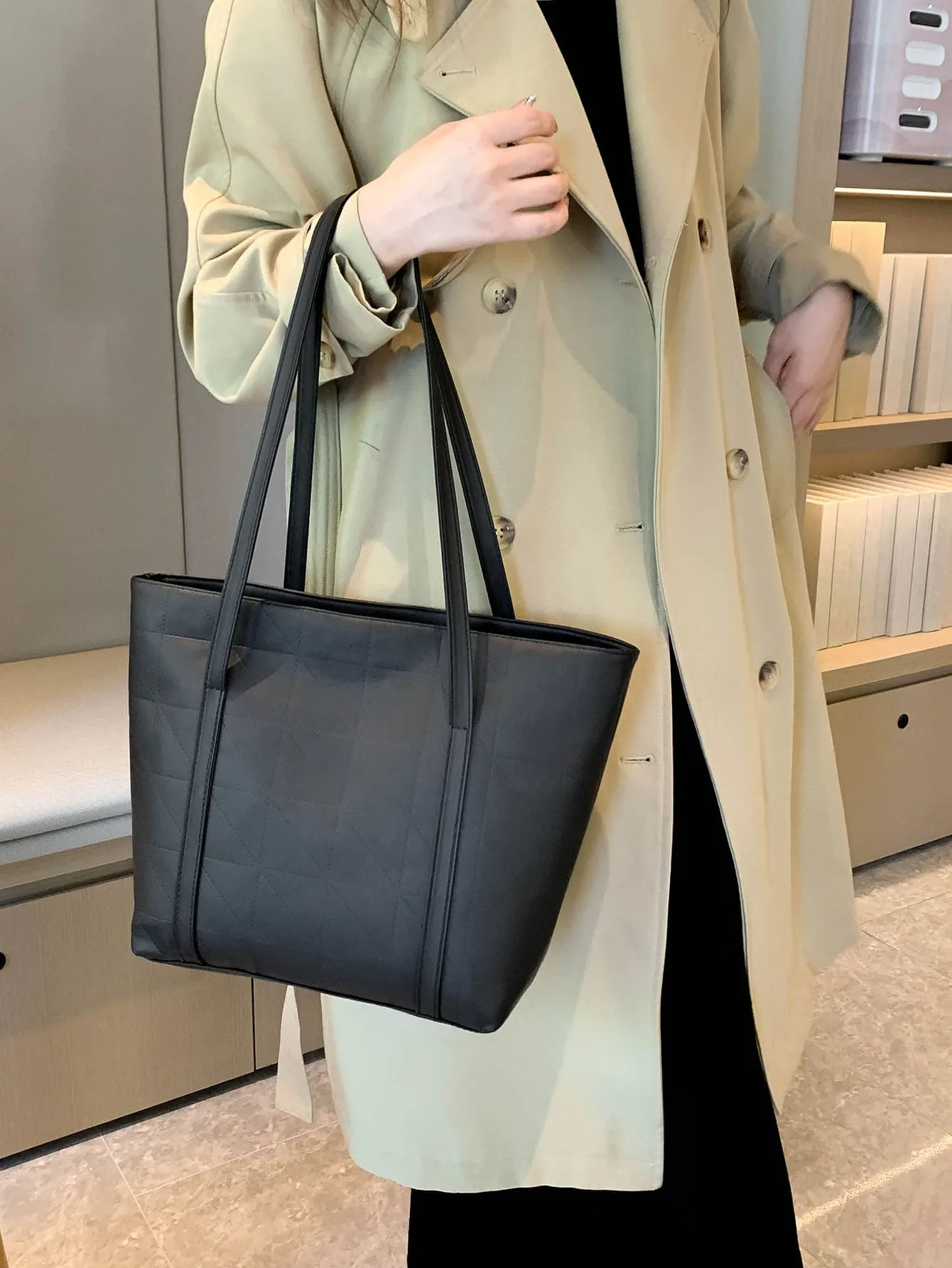 Geometric Embossed Shoulder Tote Bag - Black