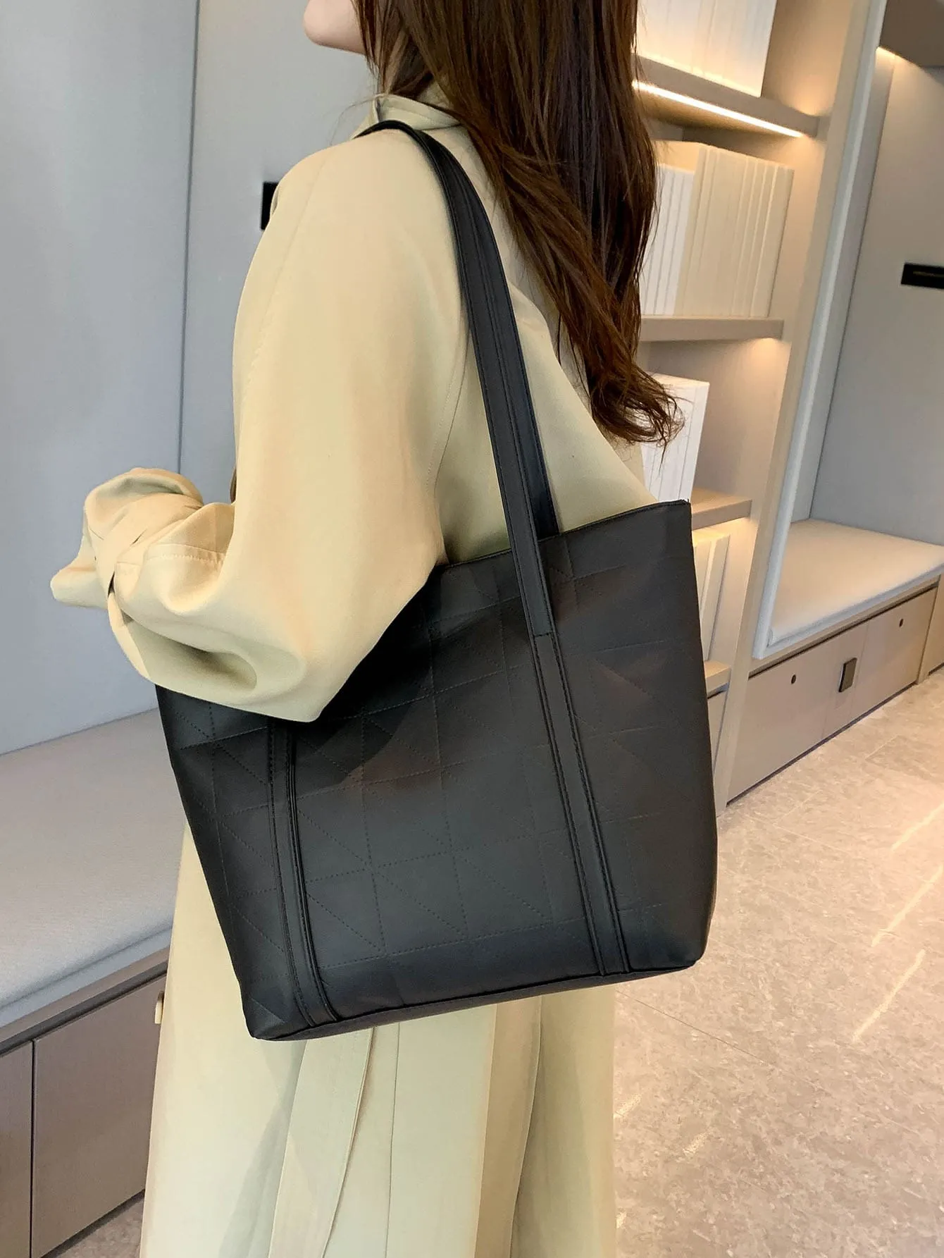 Geometric Embossed Shoulder Tote Bag - Black