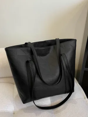 Geometric Embossed Shoulder Tote Bag - Black
