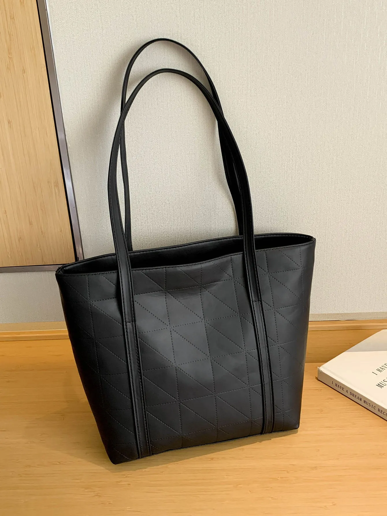 Geometric Embossed Shoulder Tote Bag - Black