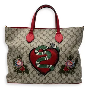 GG Supreme Snake Heart Grey Tote Bag in Coated Canvas, Silver hardware
