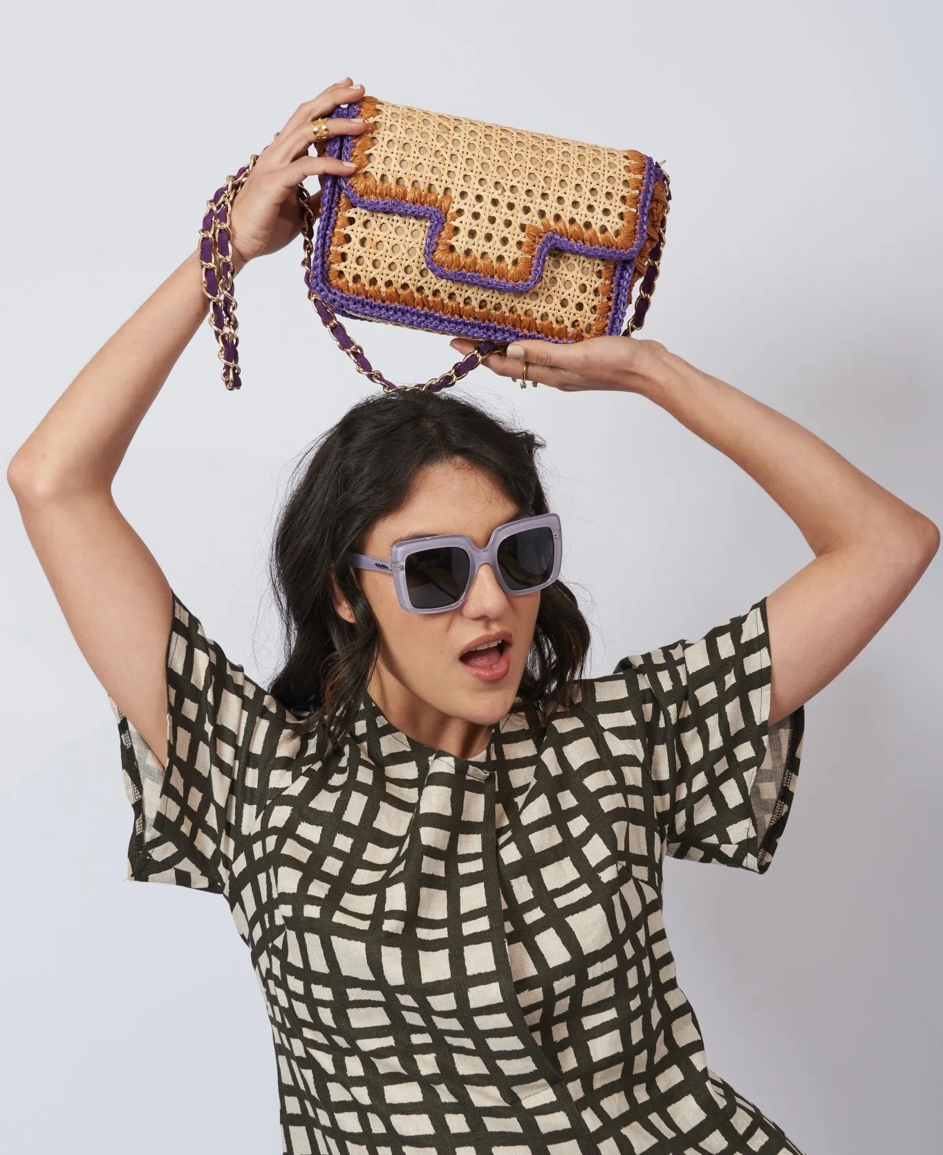 Ginevra Rattan and Raffia Bag purple and tan - Large