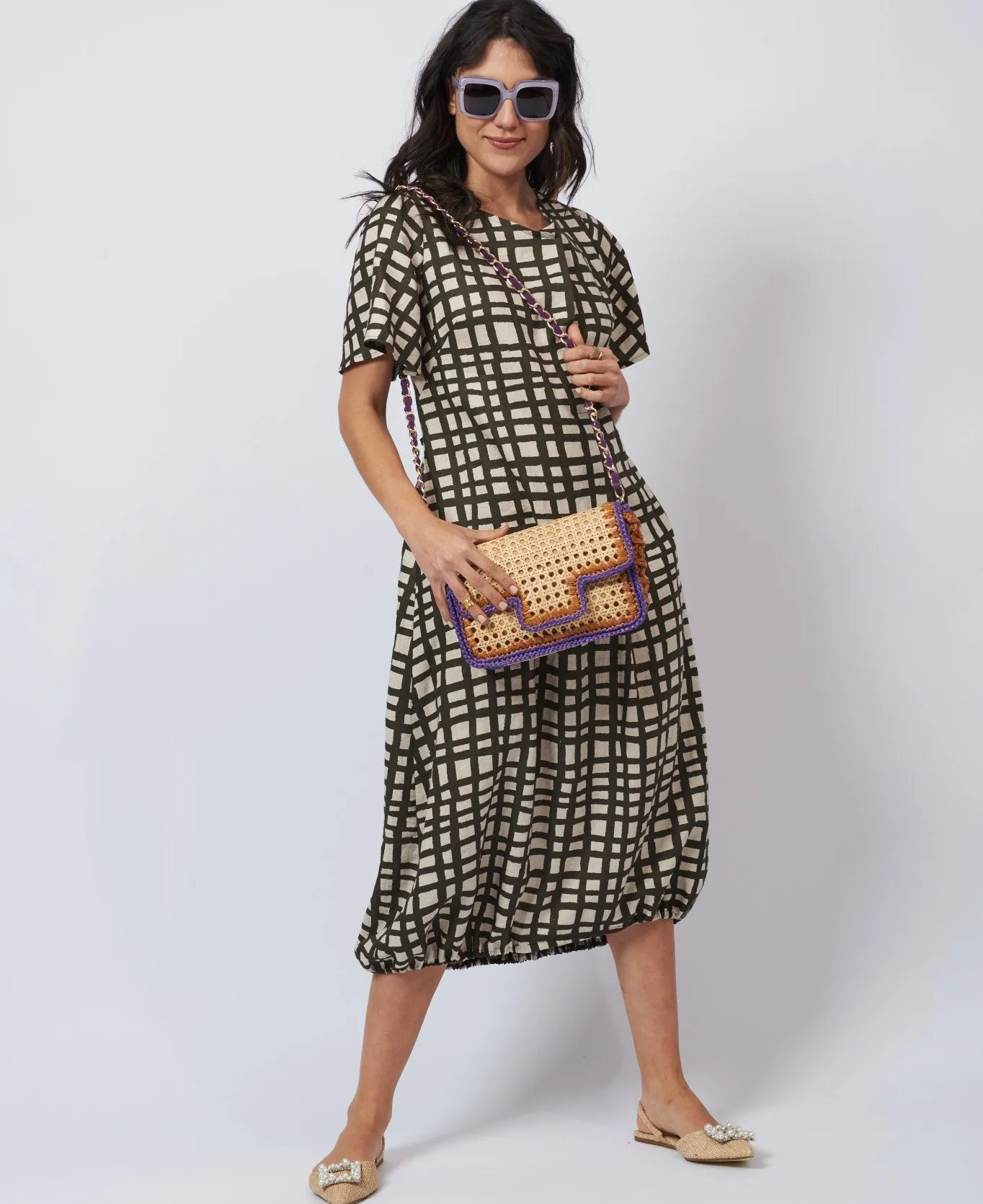 Ginevra Rattan and Raffia Bag purple and tan - Large