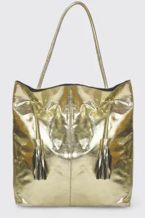 Gold Drawcord Metallic Leather Hobo Shoulder Bag
