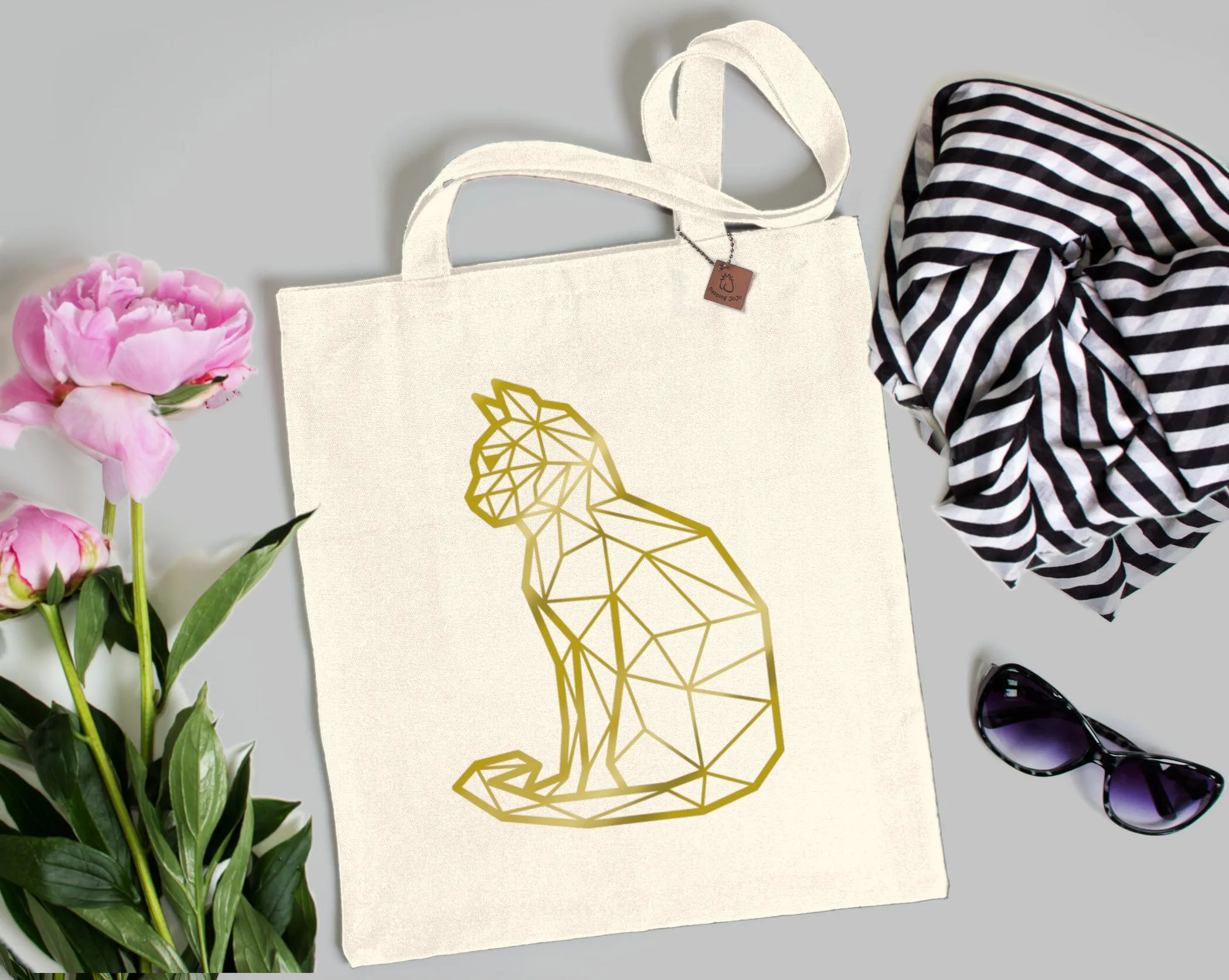 Gold Geometric Cat Tote Bag: heavyweight cotton canvas shopping bag