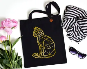 Gold Geometric Cat Tote Bag: heavyweight cotton canvas shopping bag