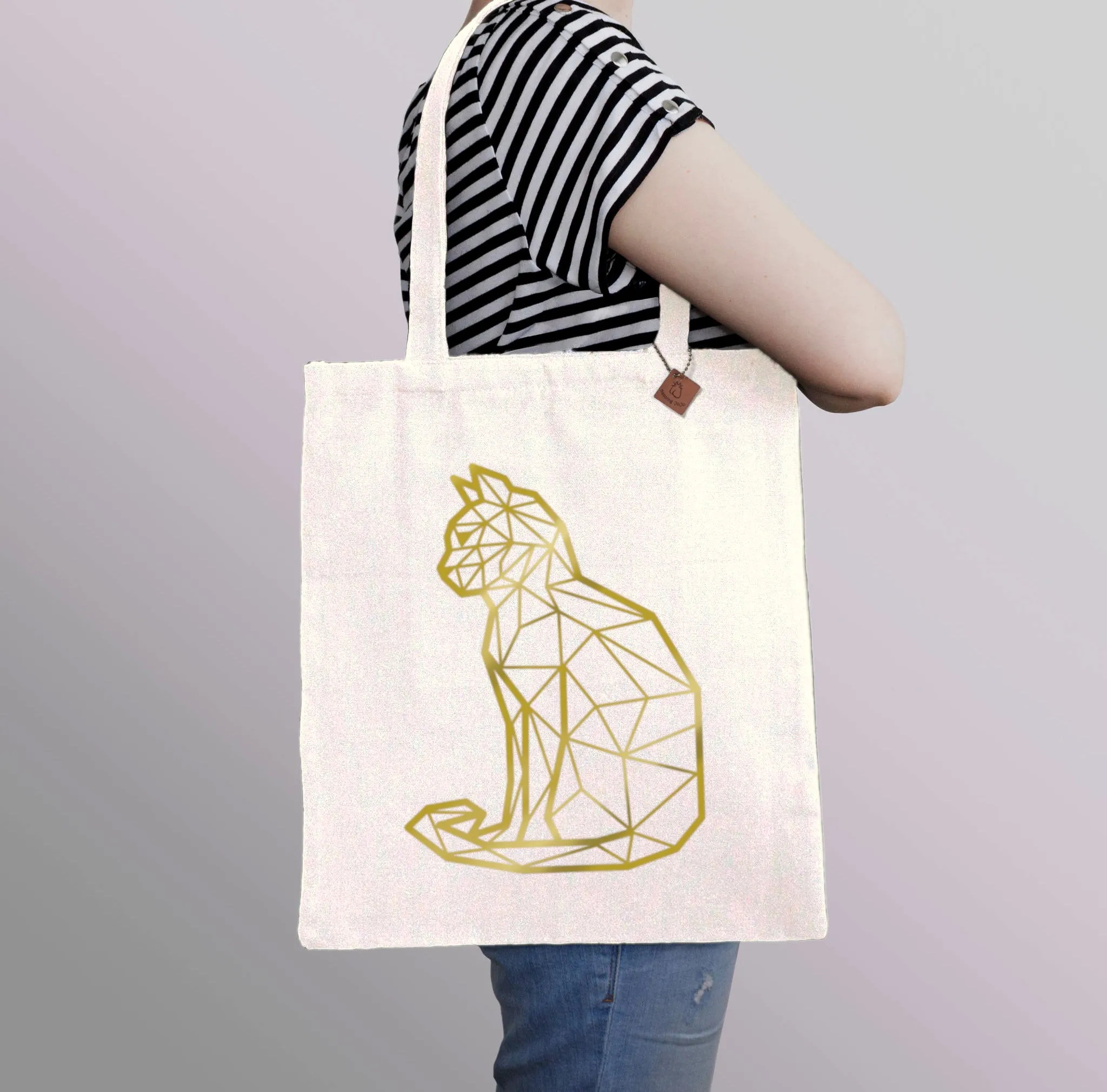 Gold Geometric Cat Tote Bag: heavyweight cotton canvas shopping bag