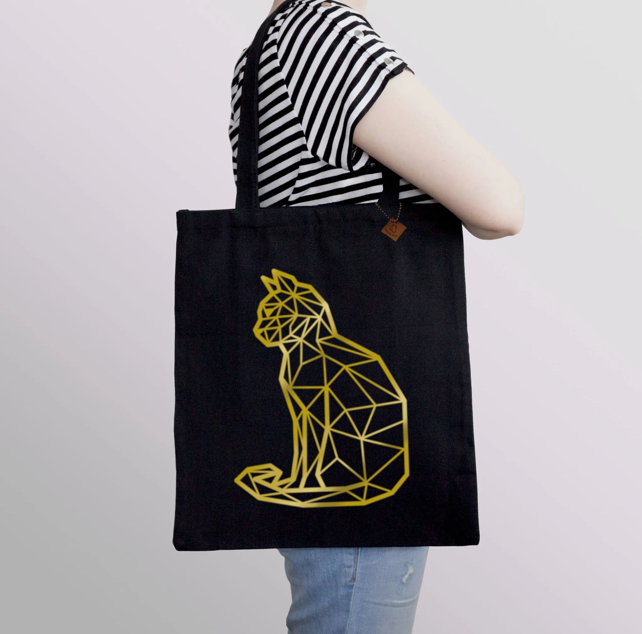 Gold Geometric Cat Tote Bag: heavyweight cotton canvas shopping bag