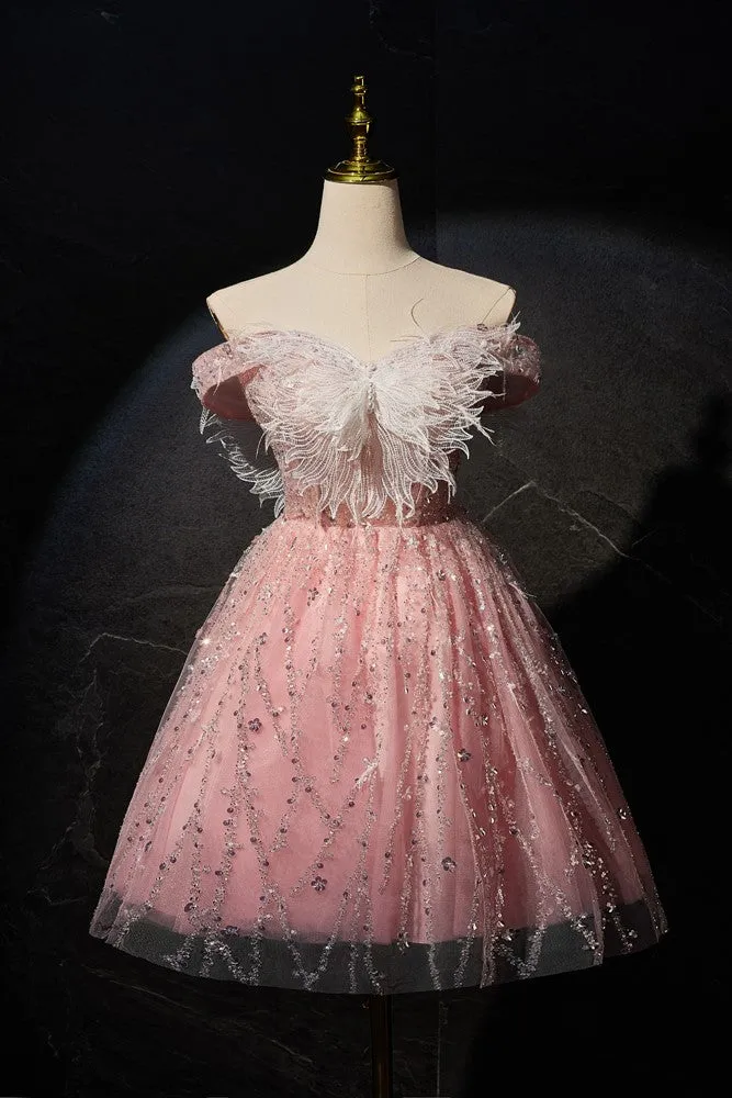 Gorgeous Pink Off-the-shoulder Beading Homecoming Dresses