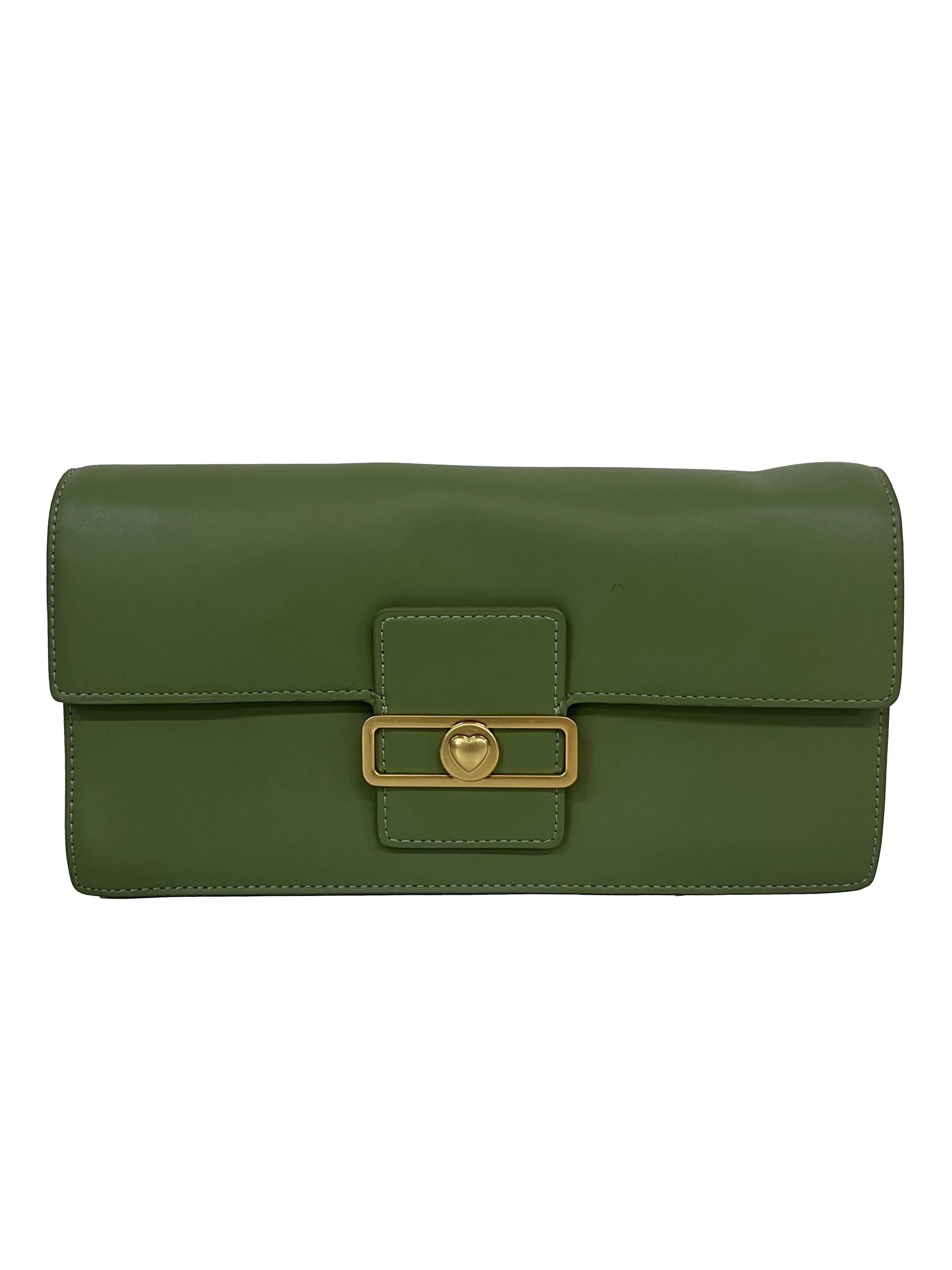 Green Leather Shoulder Bag With Heart Clasp Crossbody Bag