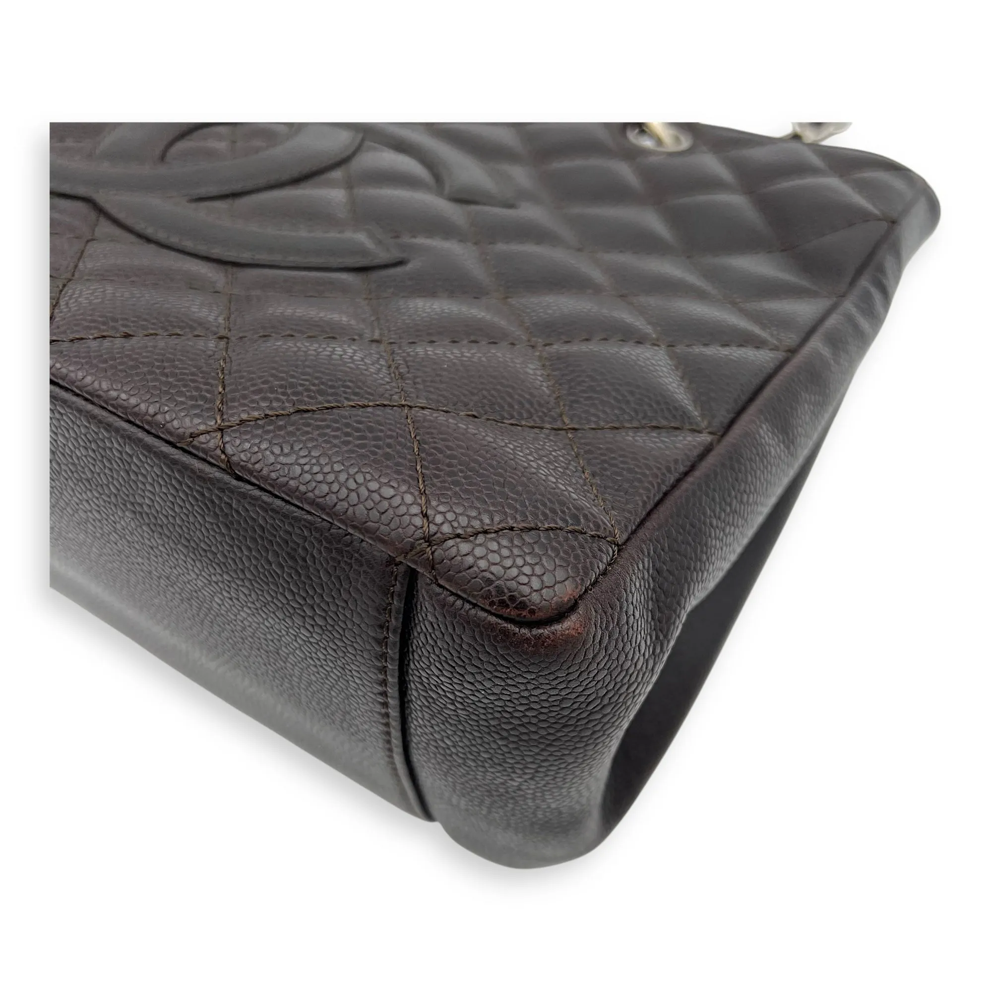 GST Tote Bag Brown in Caviar Leather, Silver hardware