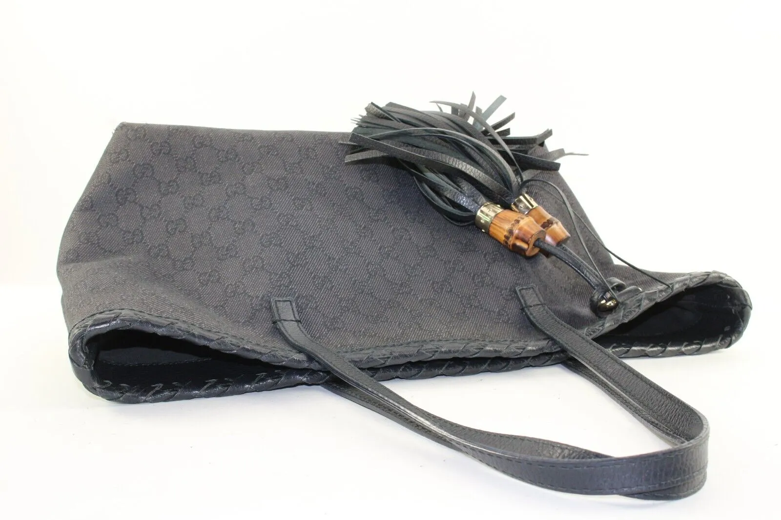 Gucci Black Monogram Denim Bamboo Fringe Tassel Tote 2GK1214K