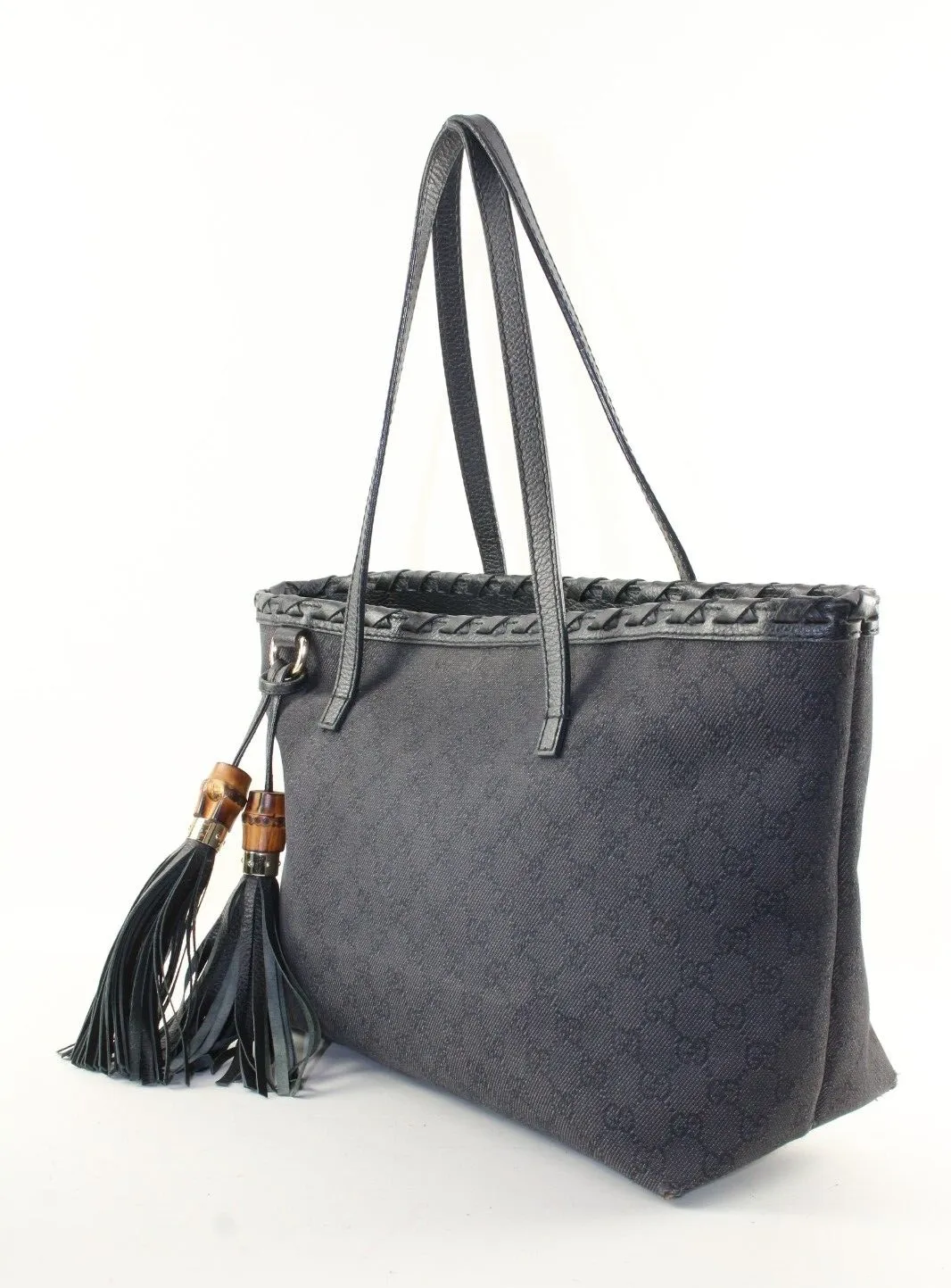 Gucci Black Monogram Denim Bamboo Fringe Tassel Tote 2GK1214K