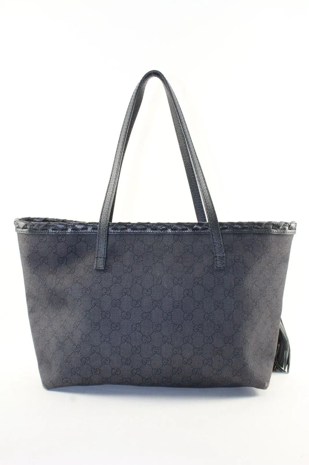 Gucci Black Monogram Denim Bamboo Fringe Tassel Tote 2GK1214K