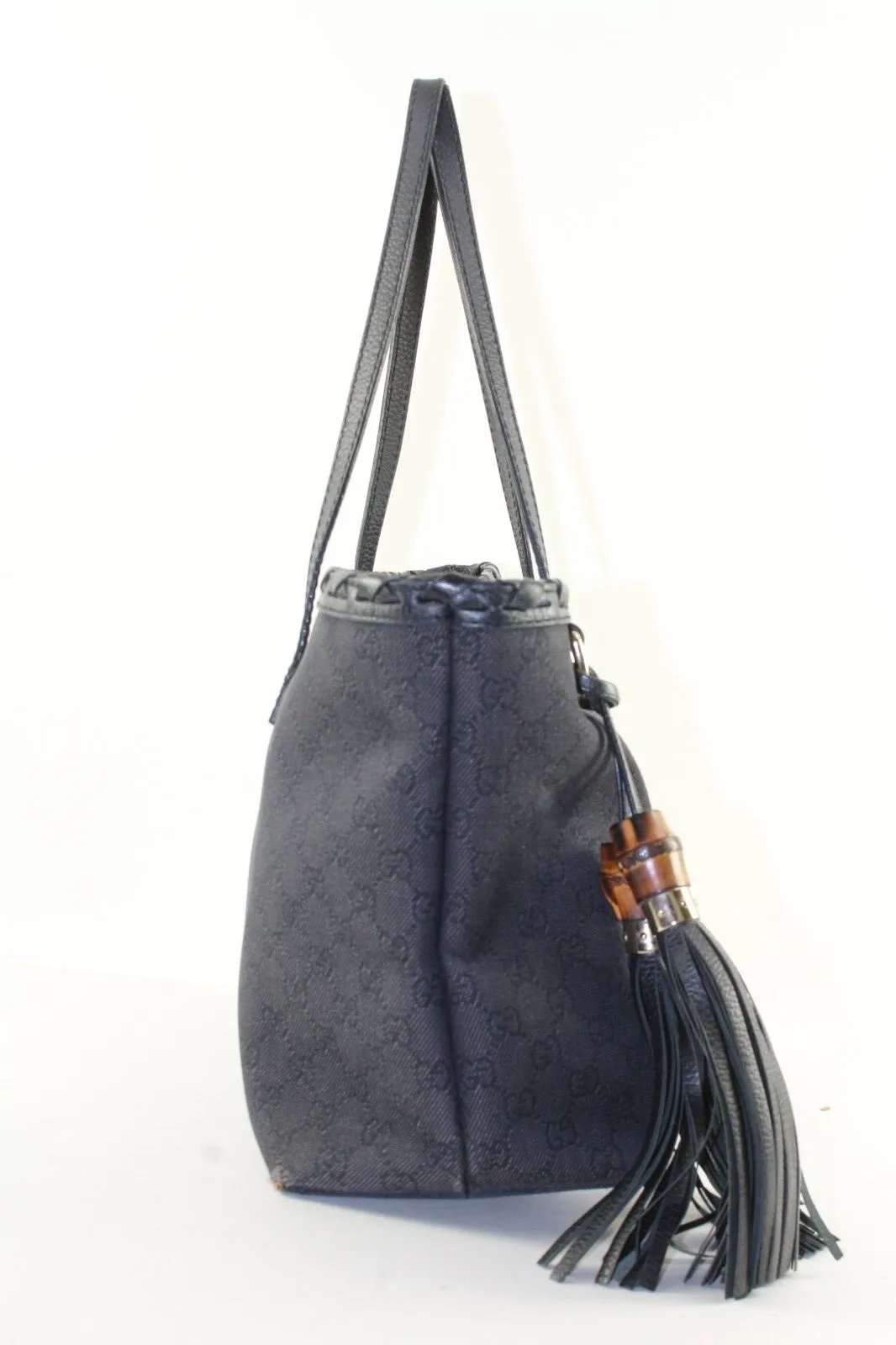 Gucci Black Monogram Denim Bamboo Fringe Tassel Tote 2GK1214K