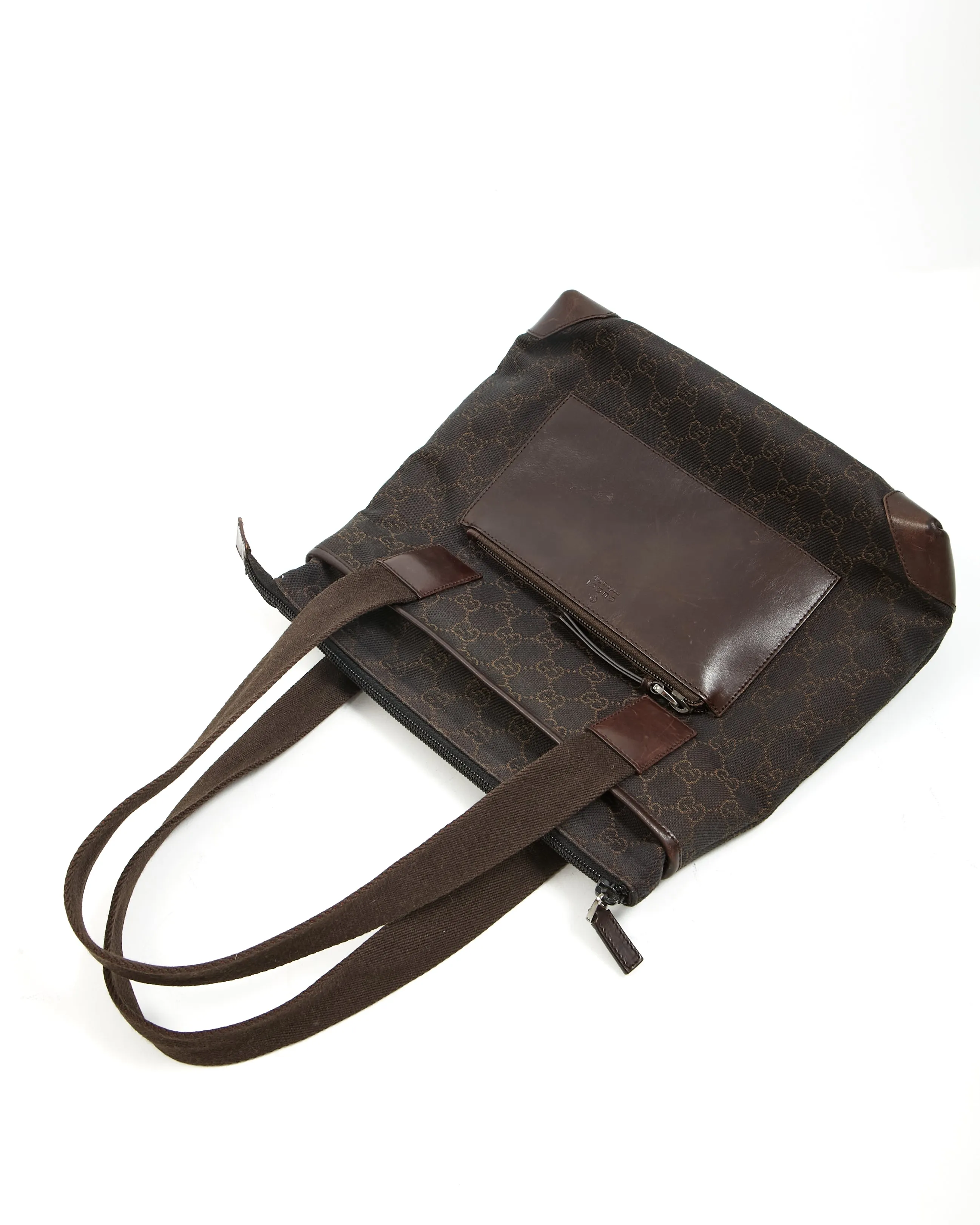 Gucci Brown Monogram GG Canvas Leather Pocket Shoulder Bag Tote