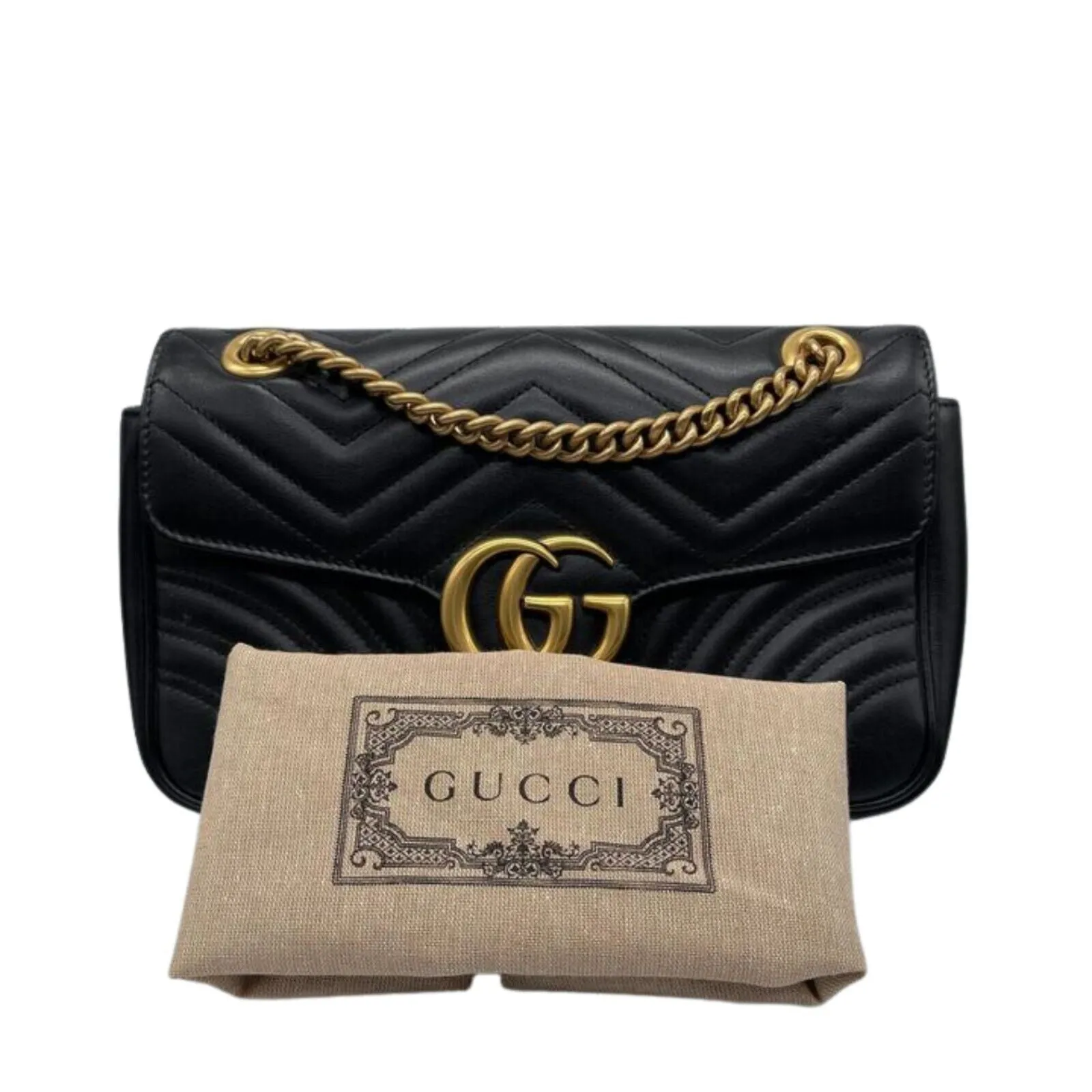 Gucci Excellent Small GG Marmont Flap Matelasse Black Crossbody Bag