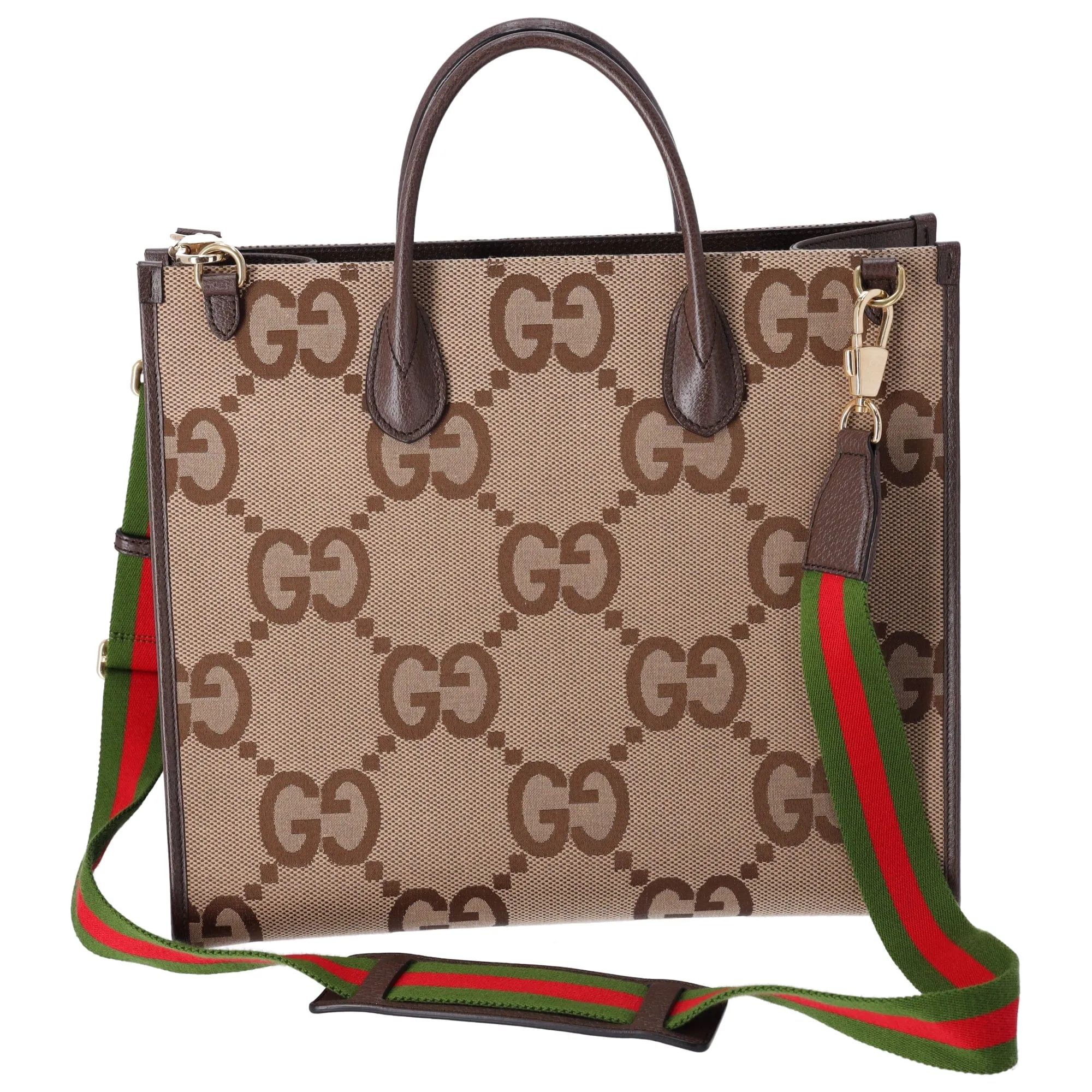 GUCCI Jumbo GG Tote Bag 678839 Beige Dark Brown Jacquard Leather